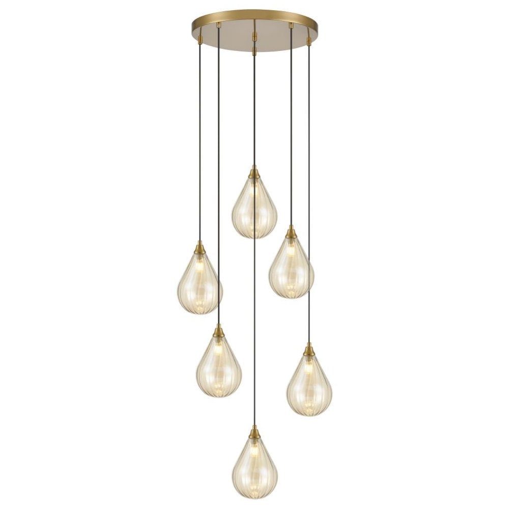 Franklite Perry 6 Light Spreader Pendant - Aged Brass & Amber Glass