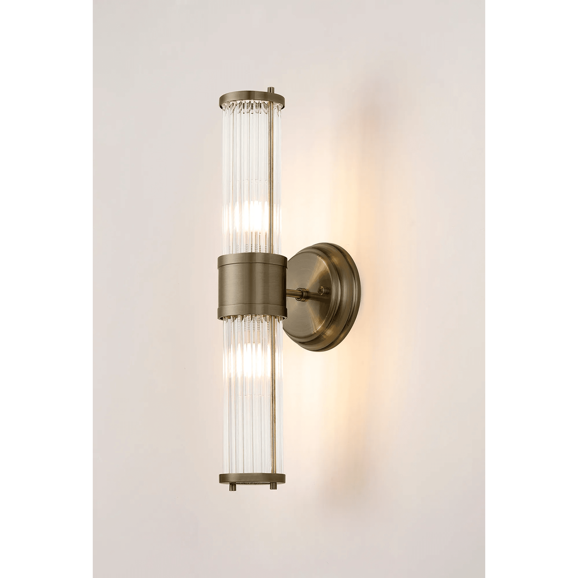 Fabula Wedgewood 2 Light Glass Rod Up & Down Light IP44 - Antique Brass & Clear Glass