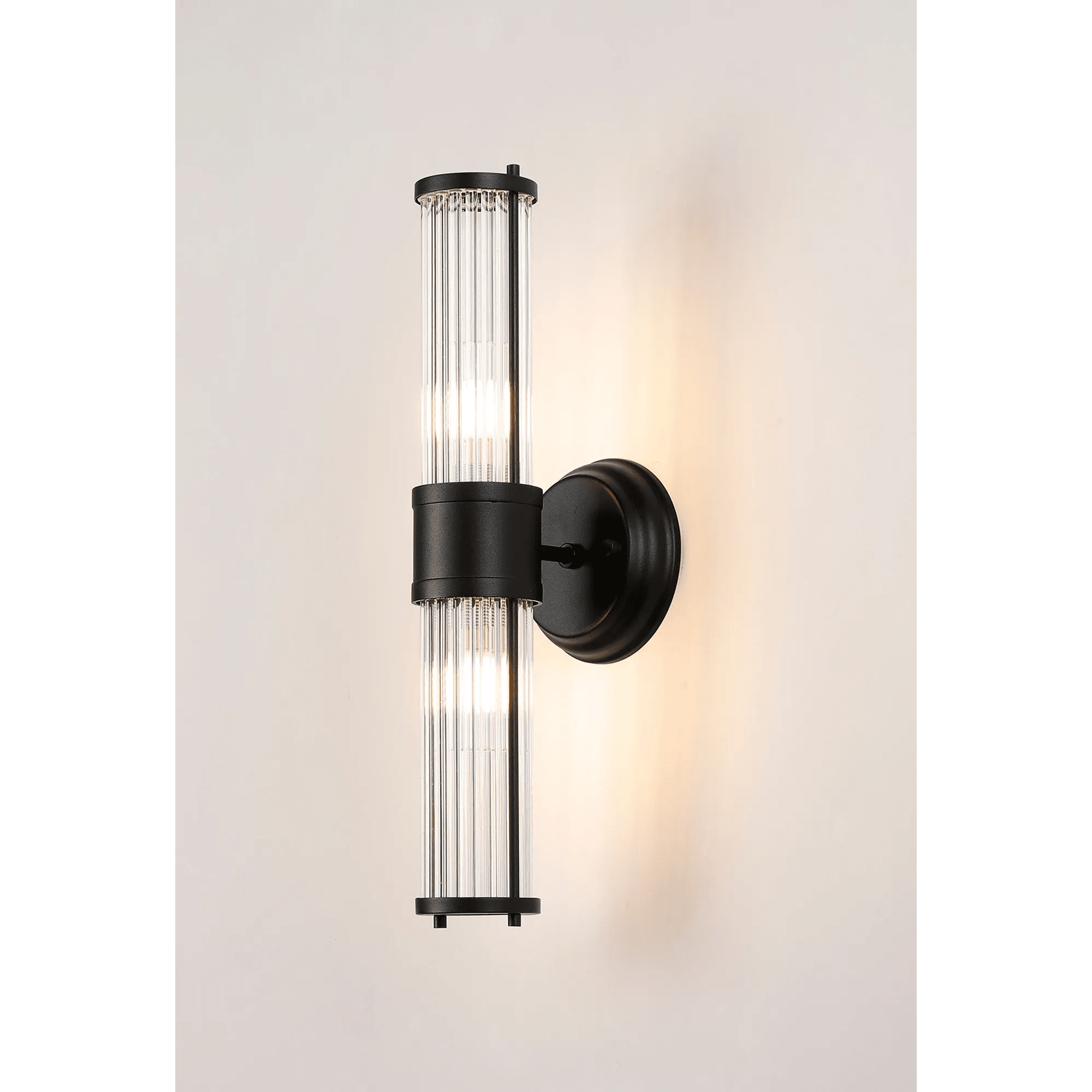 Fabula Wedgewood 2 Light Glass Rod Up & Down Light IP44 - Satin Black & Clear Glass