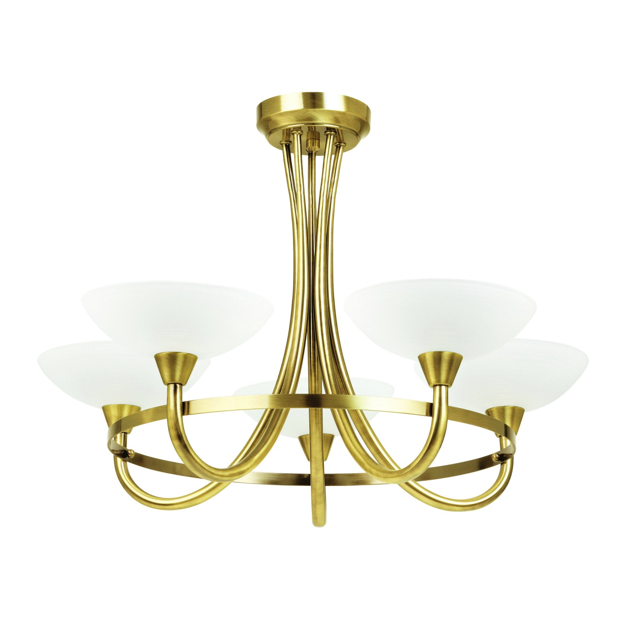 Endon Cagney 5 Light Semi Flush Fitting - Antique Brass Plate & White Glass