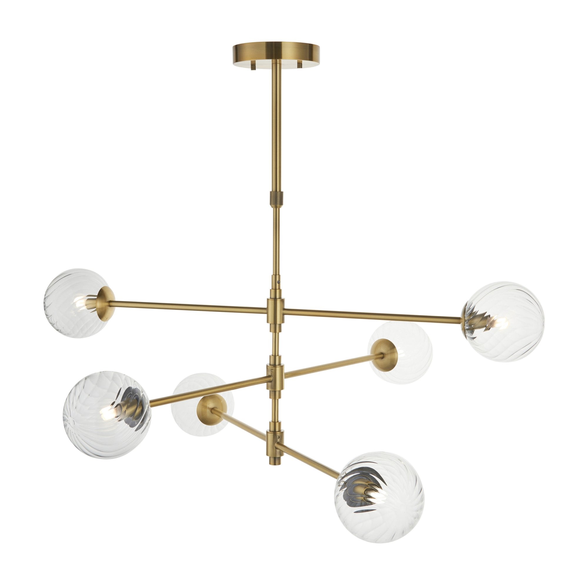 Utopia Atomic 6 Light Pendant - Brushed Aged Brass & Twisted Clear Glass