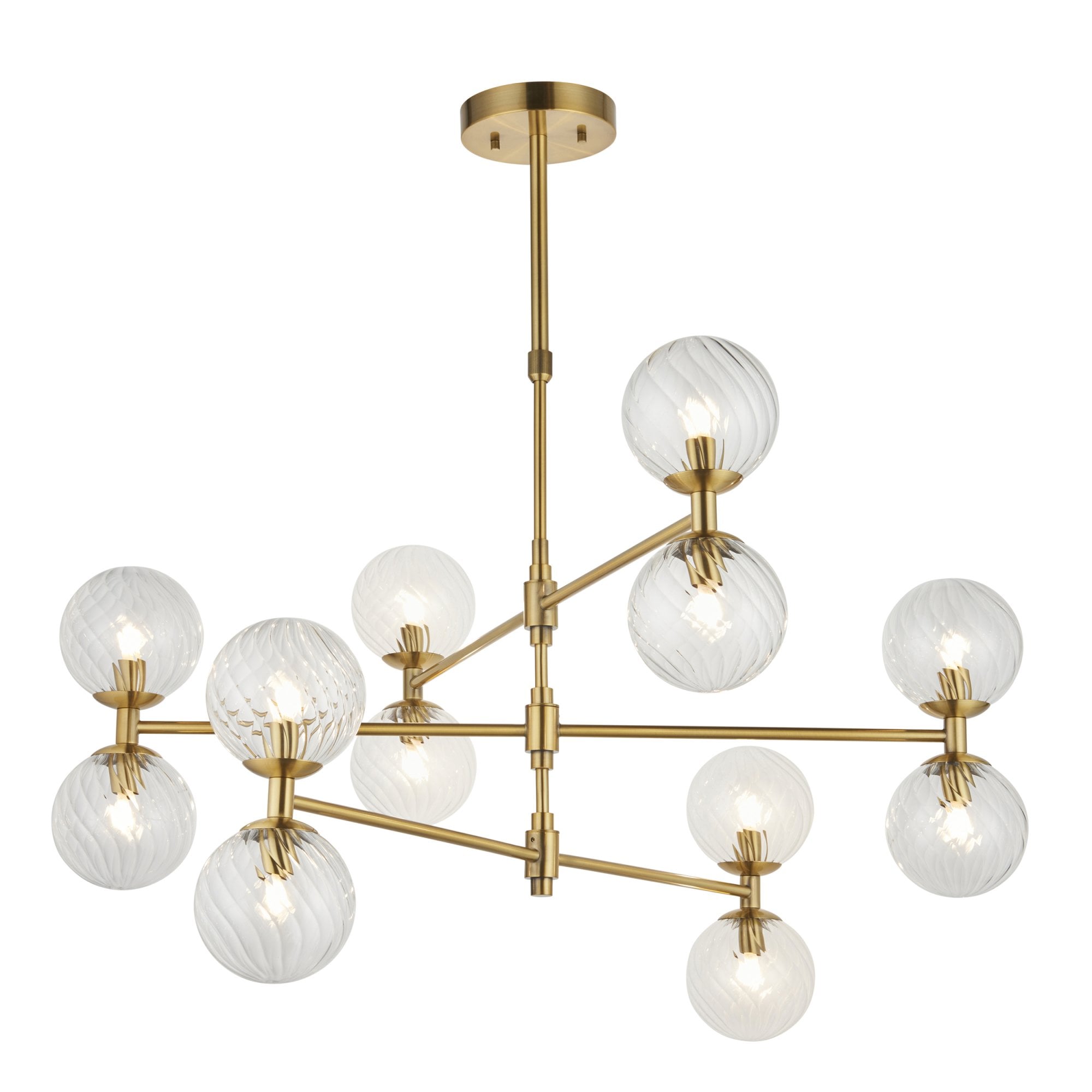 Utopia Atomic 12 Light Pendant - Brushed Aged Brass & Twisted Clear Glass