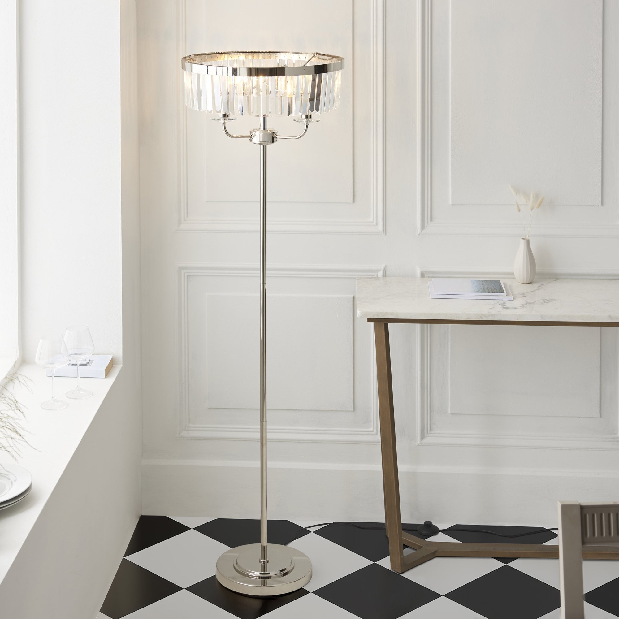 Utopia Martini 3 Light Floor Lamp - Bright Nickel & Clear Cut Glass