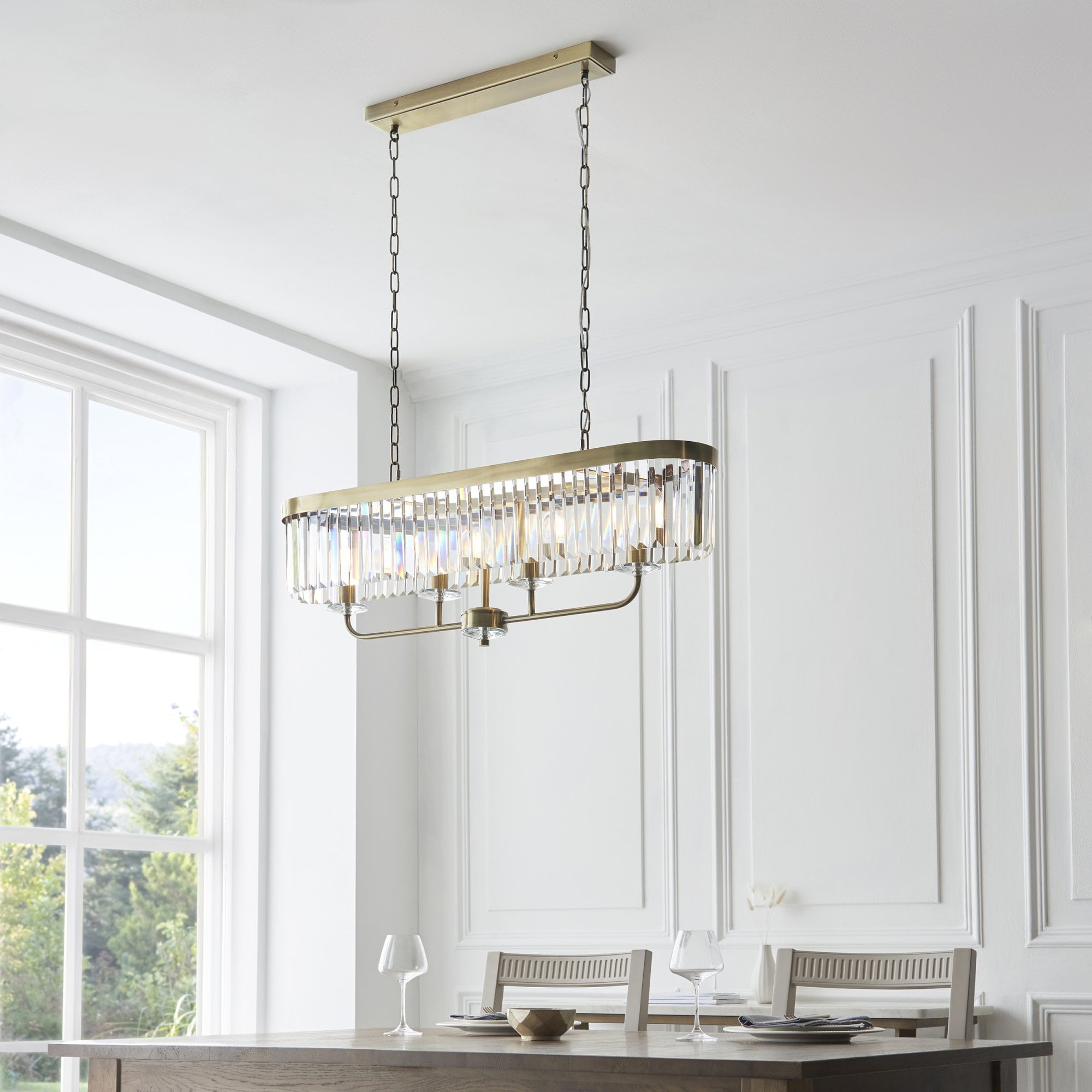 Utopia Martini 4 Light Linear Ceiling Pendant - Antique Brass & Clear Cut Glass