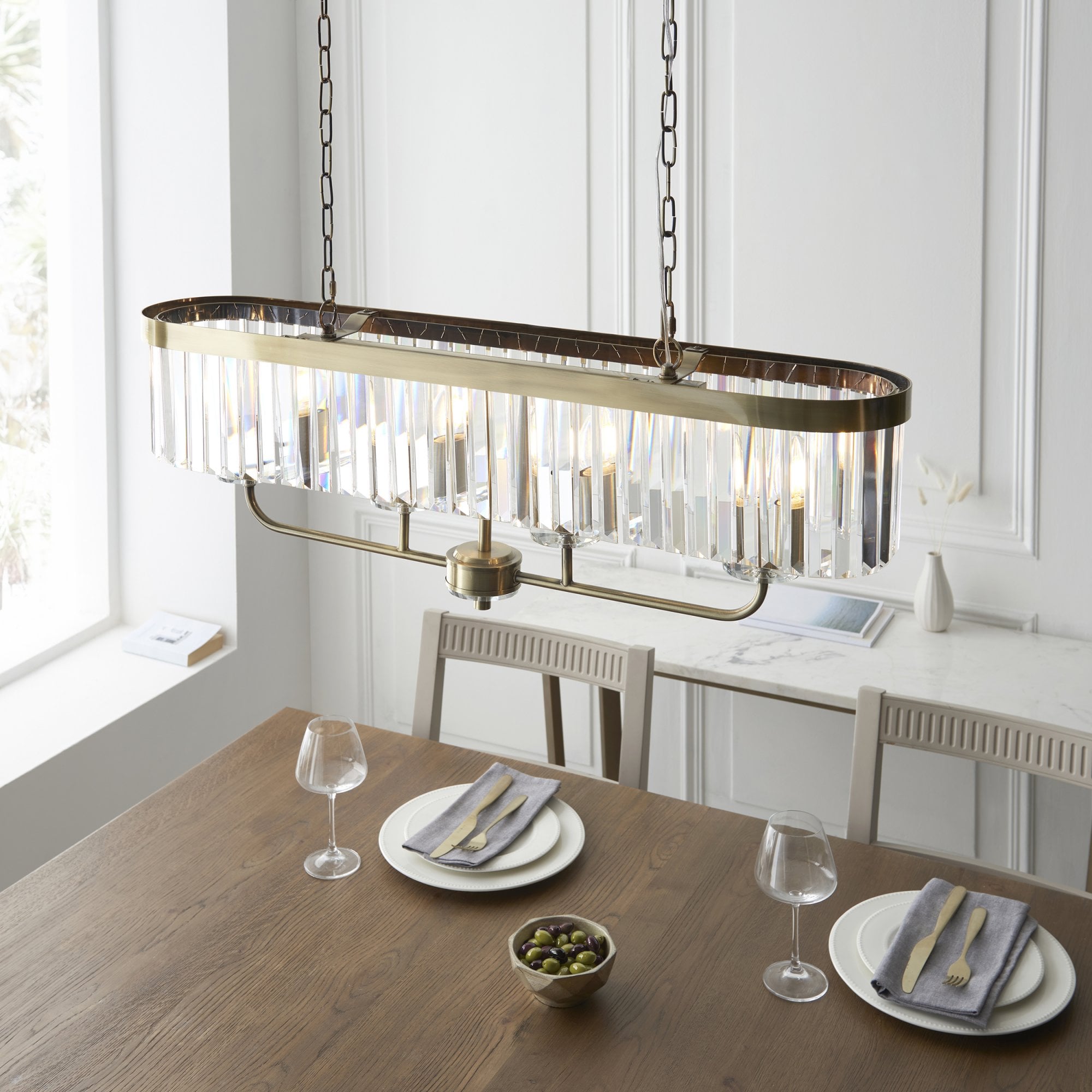 Utopia Martini 4 Light Linear Ceiling Pendant - Antique Brass & Clear Cut Glass