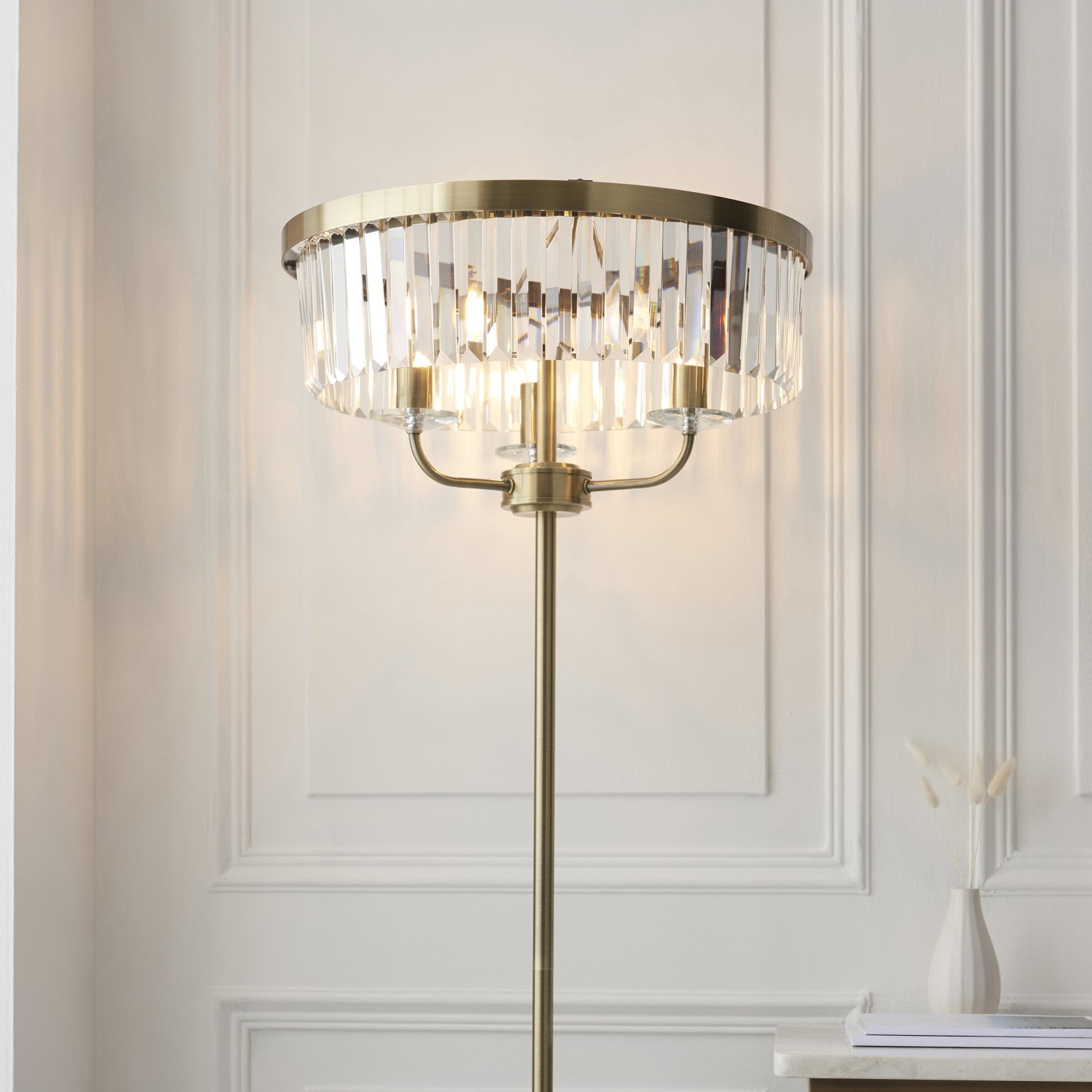 Utopia Martini 3 Light Floor Lamp - Antique Brass & Clear Cut Glass