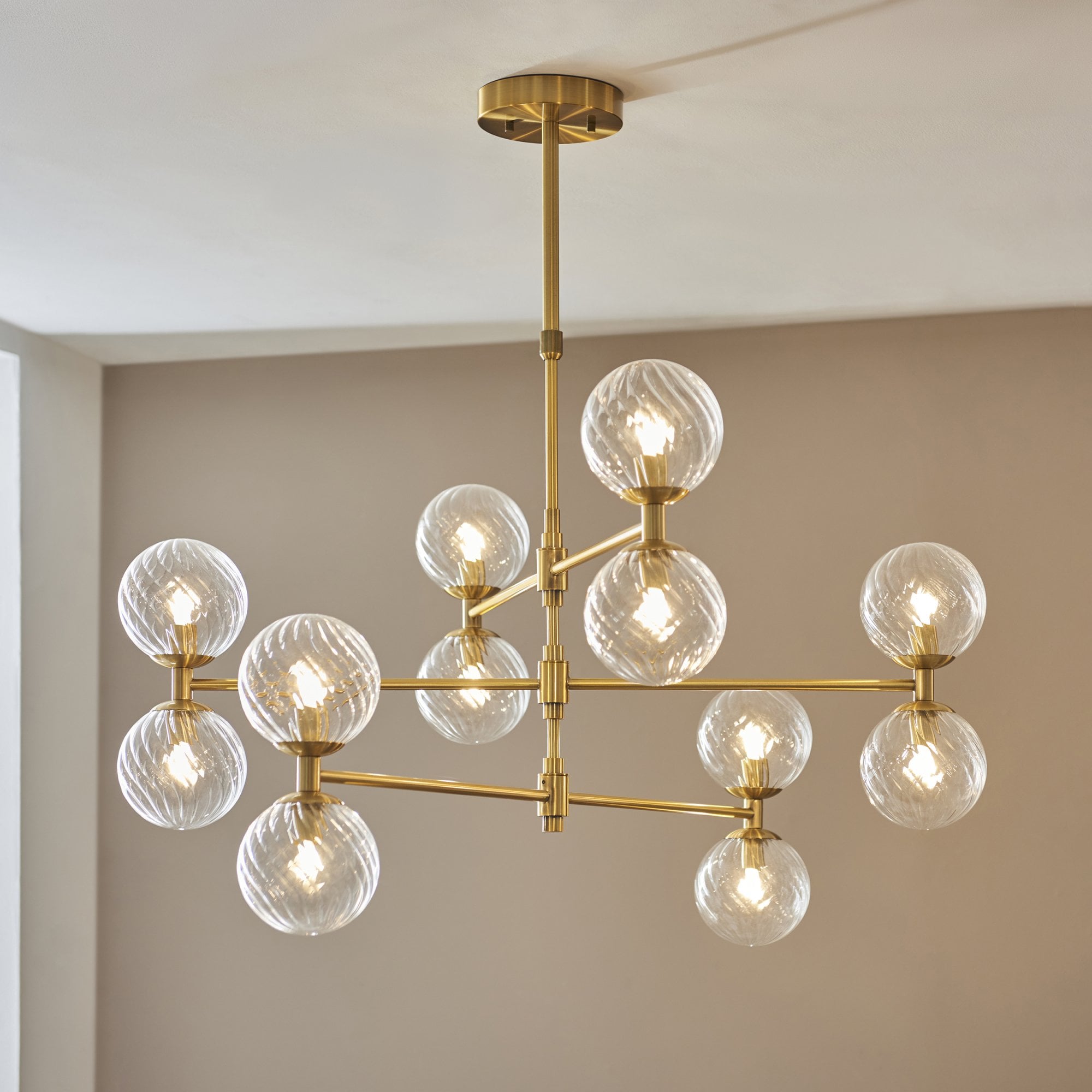 Utopia Atomic 12 Light Pendant - Brushed Aged Brass & Twisted Clear Glass