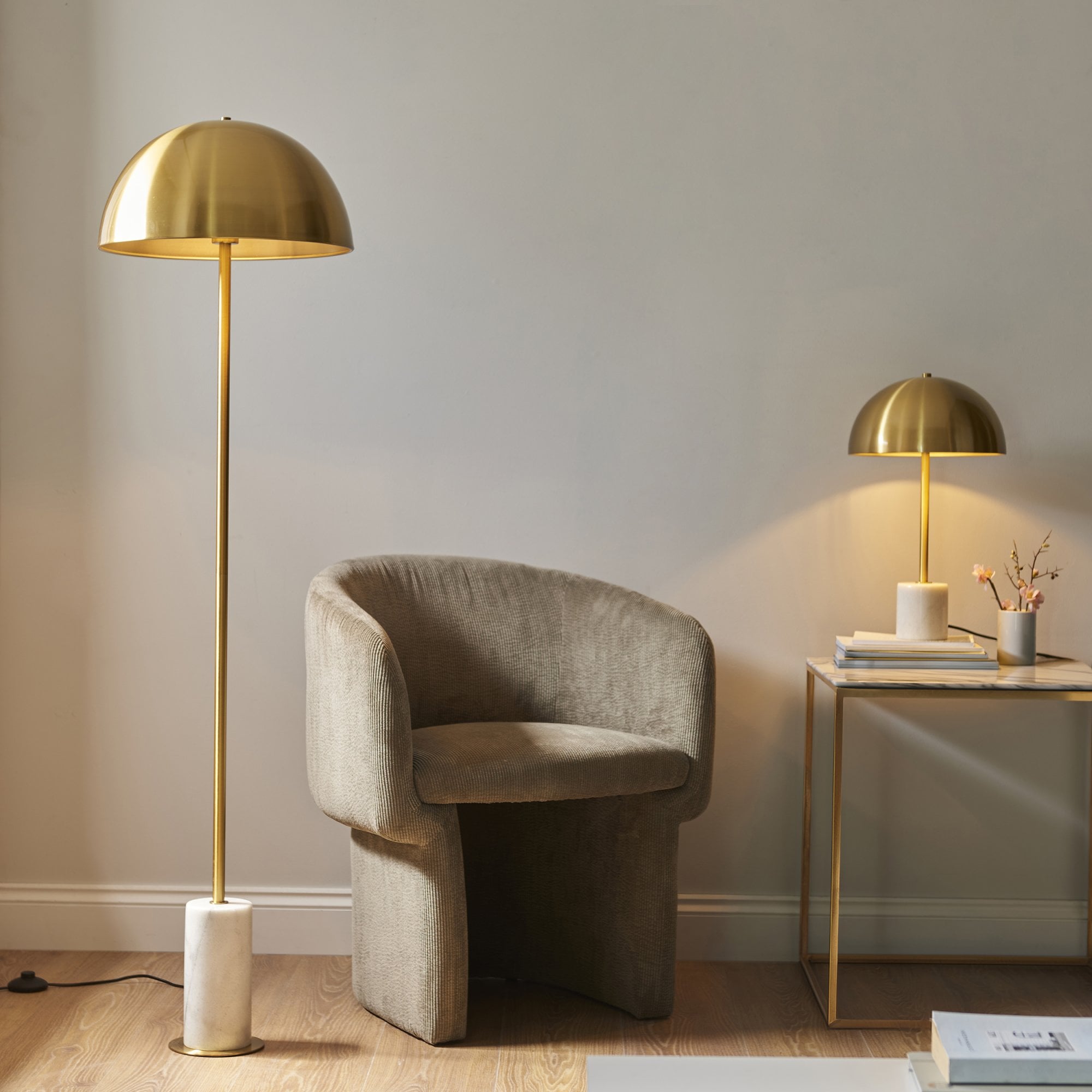 Utopia Parasol Single Floor Lamp - Brushed Aged Brass & White Marble