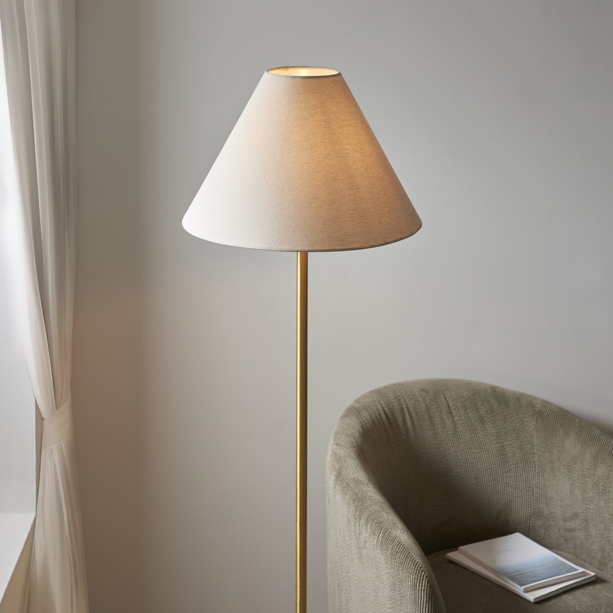 Utopia Pinnacle White Marble Single Floor Lamp - Brushed Aged Brass & Natural Tapered Shade