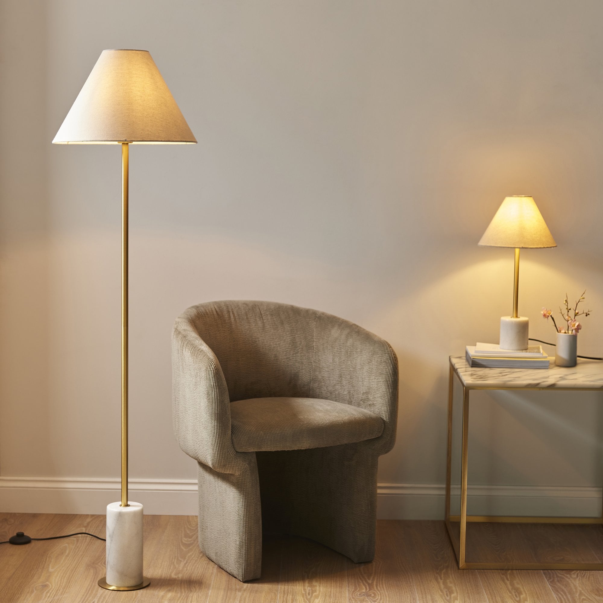 Utopia Pinnacle White Marble Single Floor Lamp - Brushed Aged Brass & Natural Tapered Shade