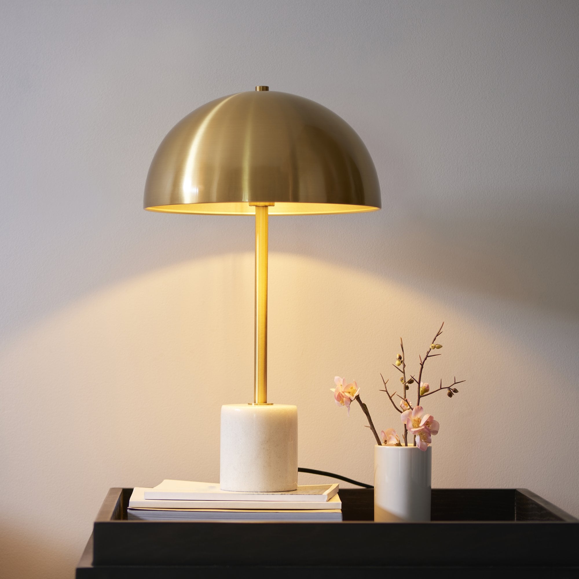 Utopia Parasol Single Table Lamp - Brushed Aged Brass & White Marble