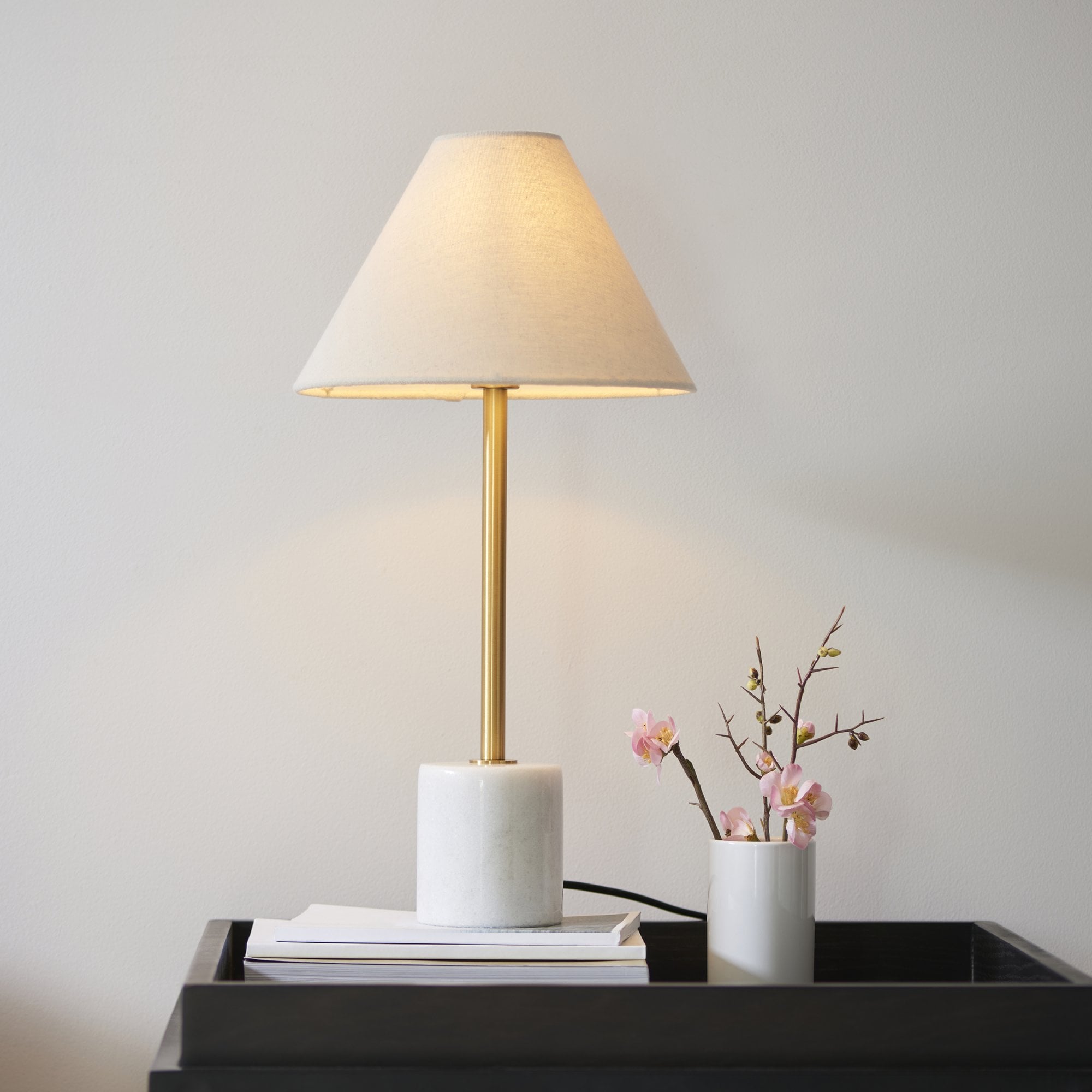Utopia Pinnacle White Marble Single Table Lamp - Brushed Aged Brass & Natural Tapered Shade