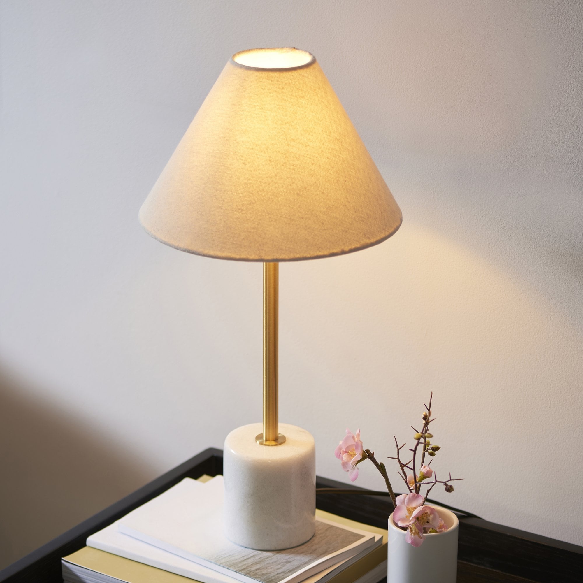 Utopia Pinnacle White Marble Single Table Lamp - Brushed Aged Brass & Natural Tapered Shade