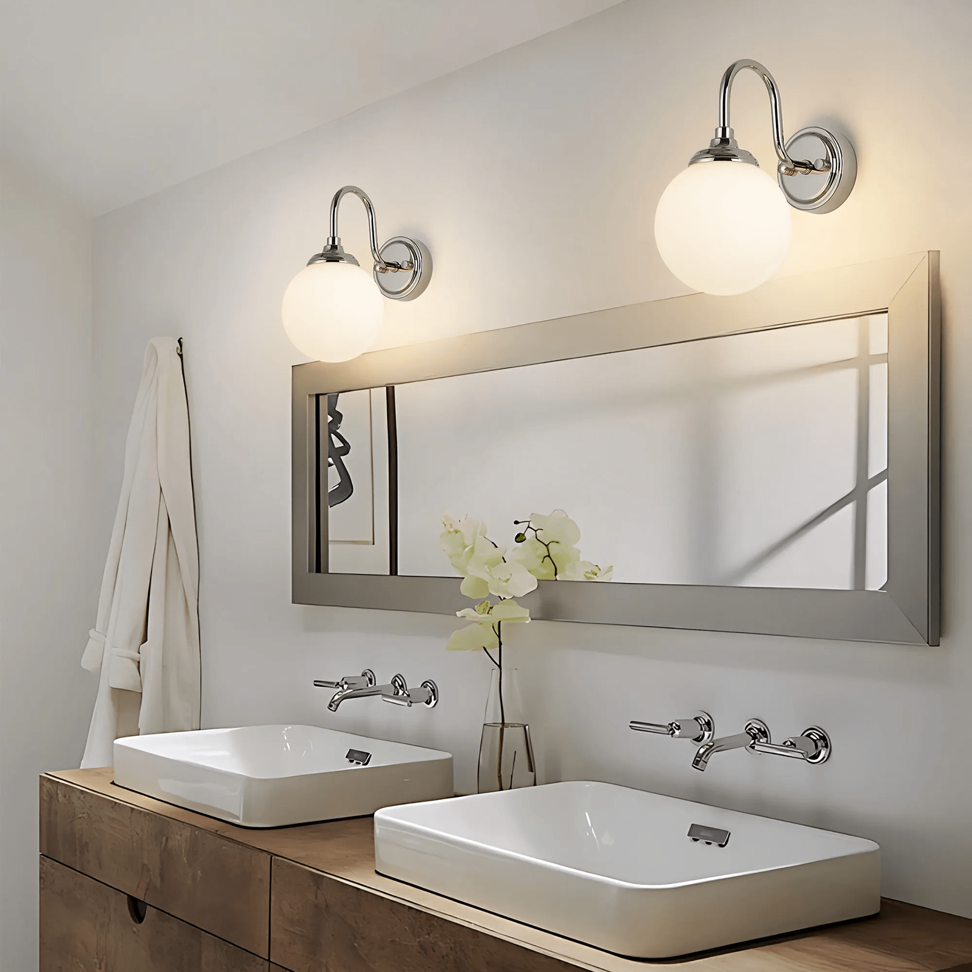 Dene Curved Arm Wall Light - 1 Light - IP44 Polished Nickel & Clear Smooth Round Glass