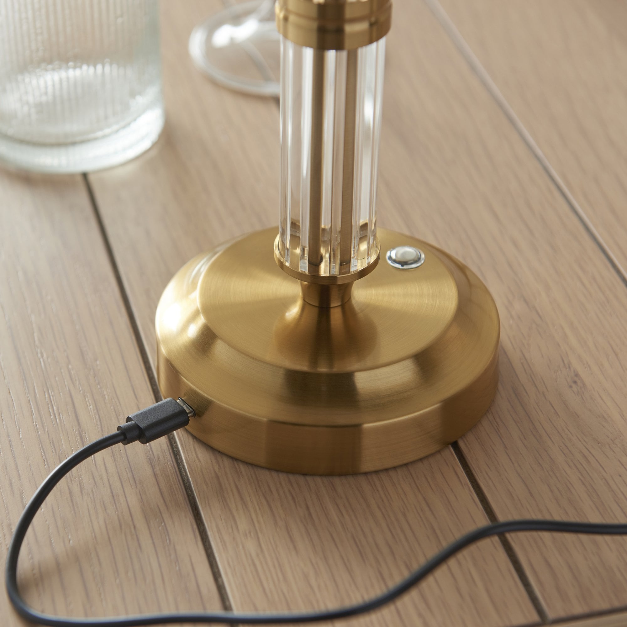 Endon Morton Rechargeable Single Light Table Lamp - Brushed Aged Brass Plate & Clear Acrylic