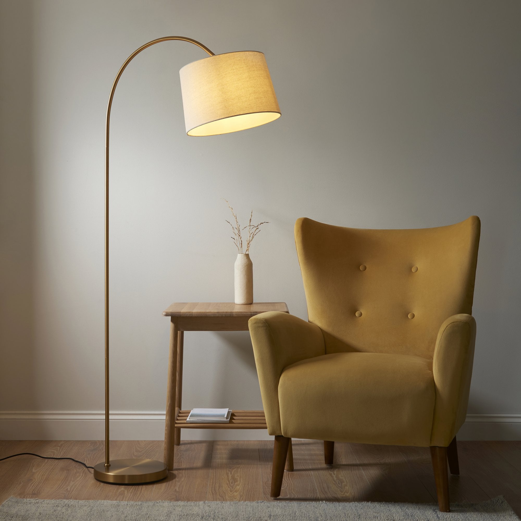 Endon Carlson Single Light Floor - Warm Brass Plate & Natural Fabric