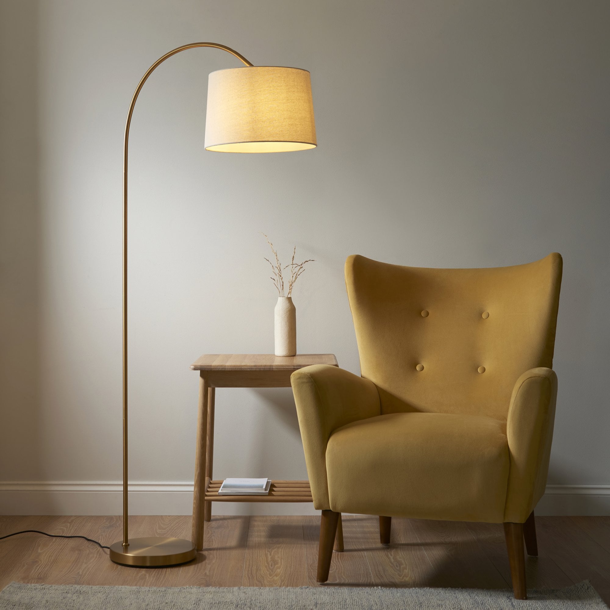 Endon Carlson Single Light Floor - Warm Brass Plate & Natural Fabric