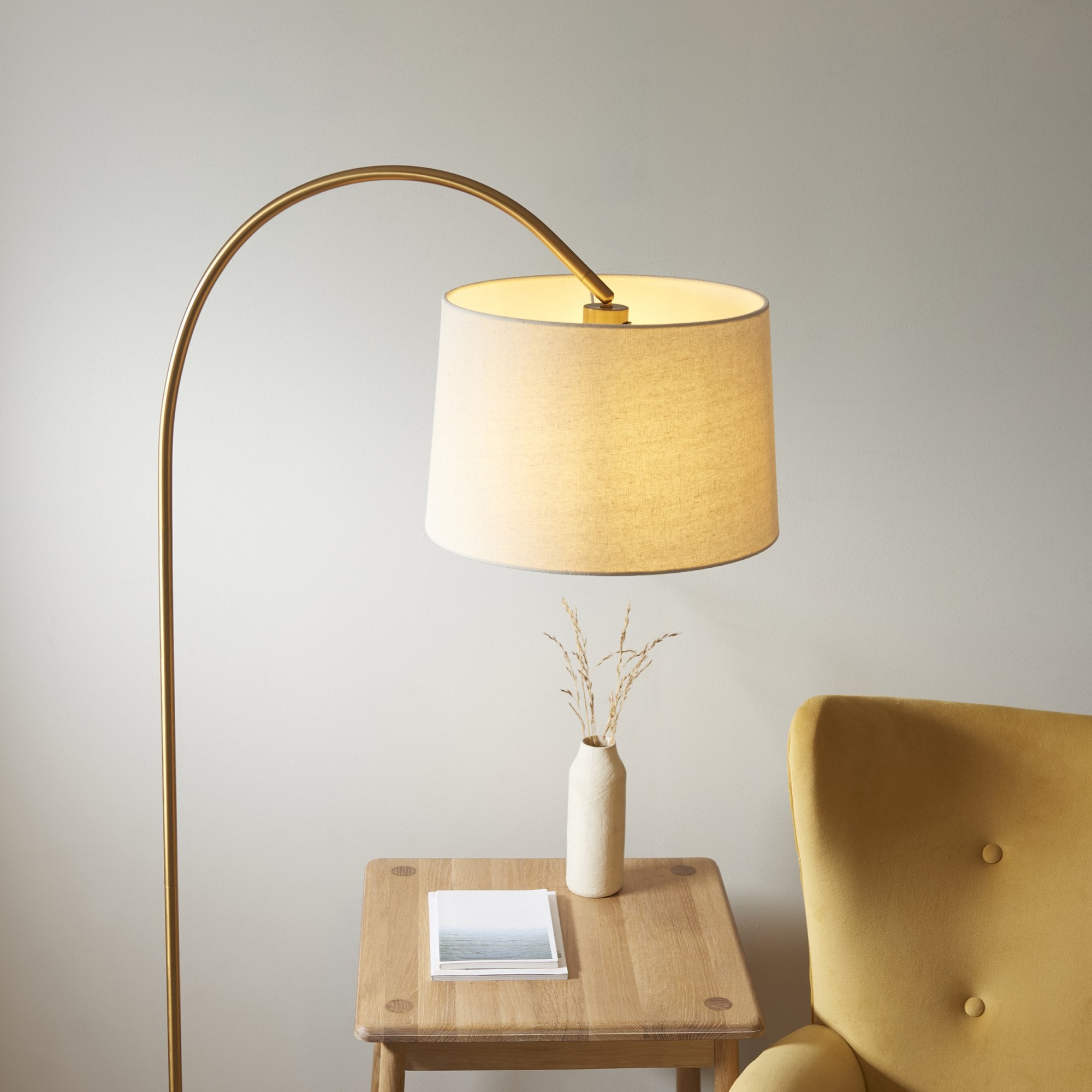 Endon Carlson Single Light Floor - Warm Brass Plate & Natural Fabric