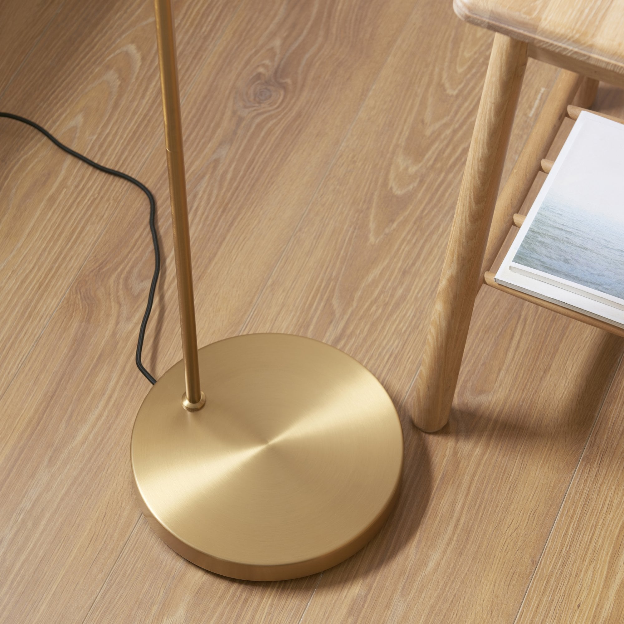 Endon Carlson Single Light Floor - Warm Brass Plate & Natural Fabric