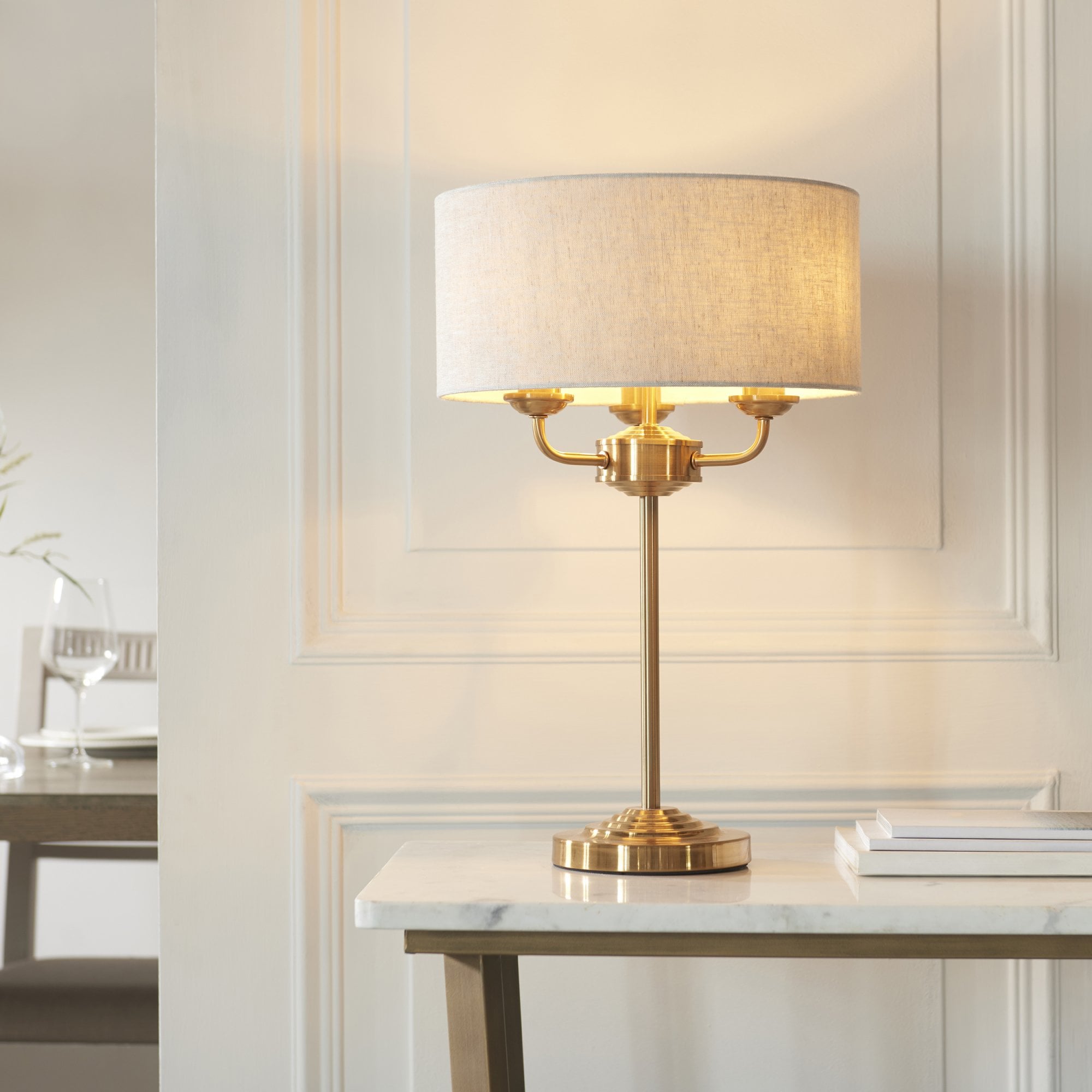 Endon Highclere 3 Light Table Lamp - Vintage Brass & Natural Linen