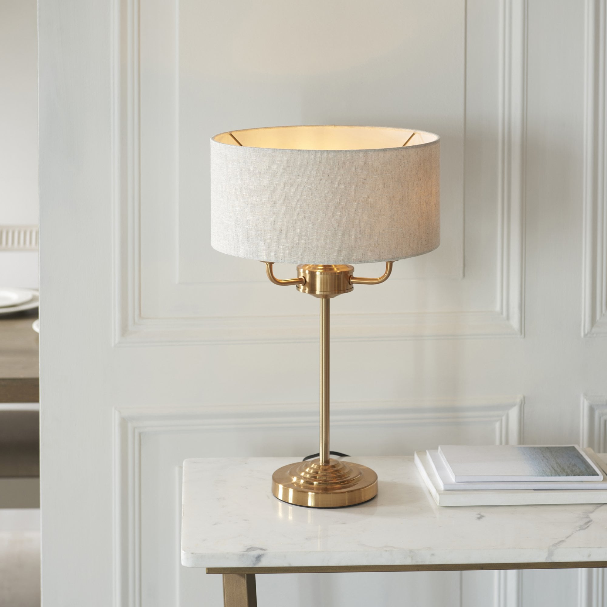 Endon Highclere 3 Light Table Lamp - Vintage Brass & Natural Linen