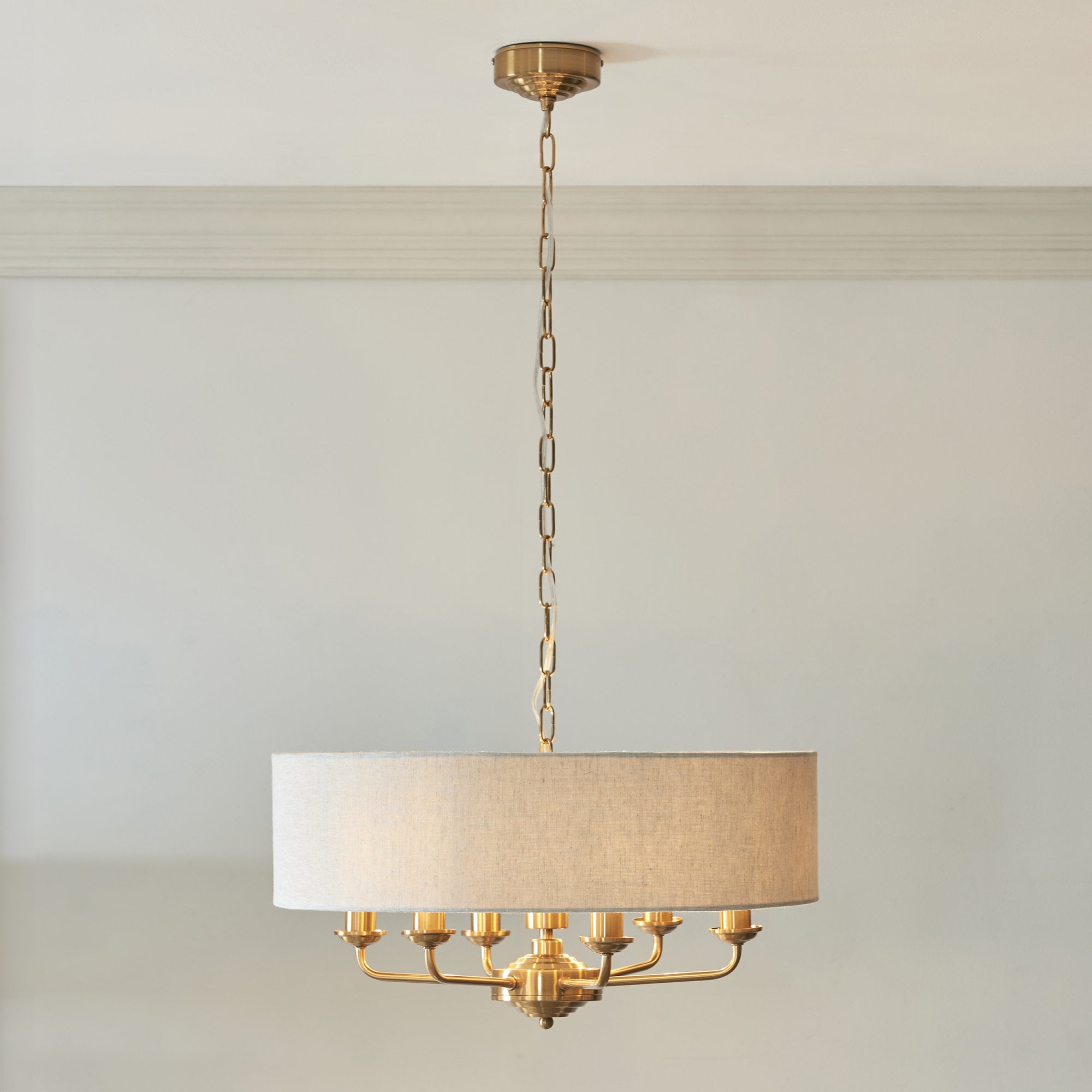 Endon Highclere 6 Light Pendant - Vintage Brass & Natural Linen