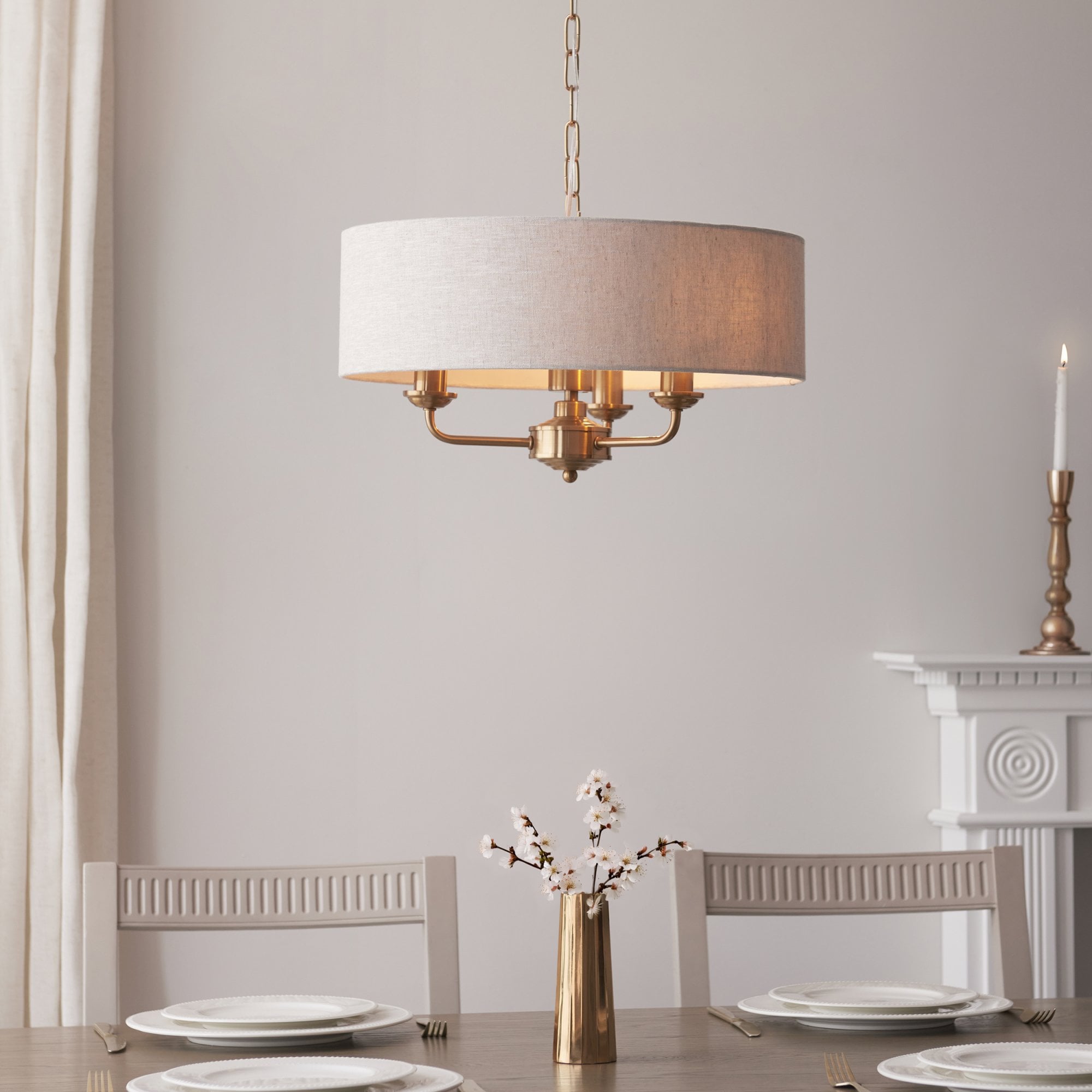 Endon Highclere 3 Light Pendant - Vintage Brass & Natural Linen