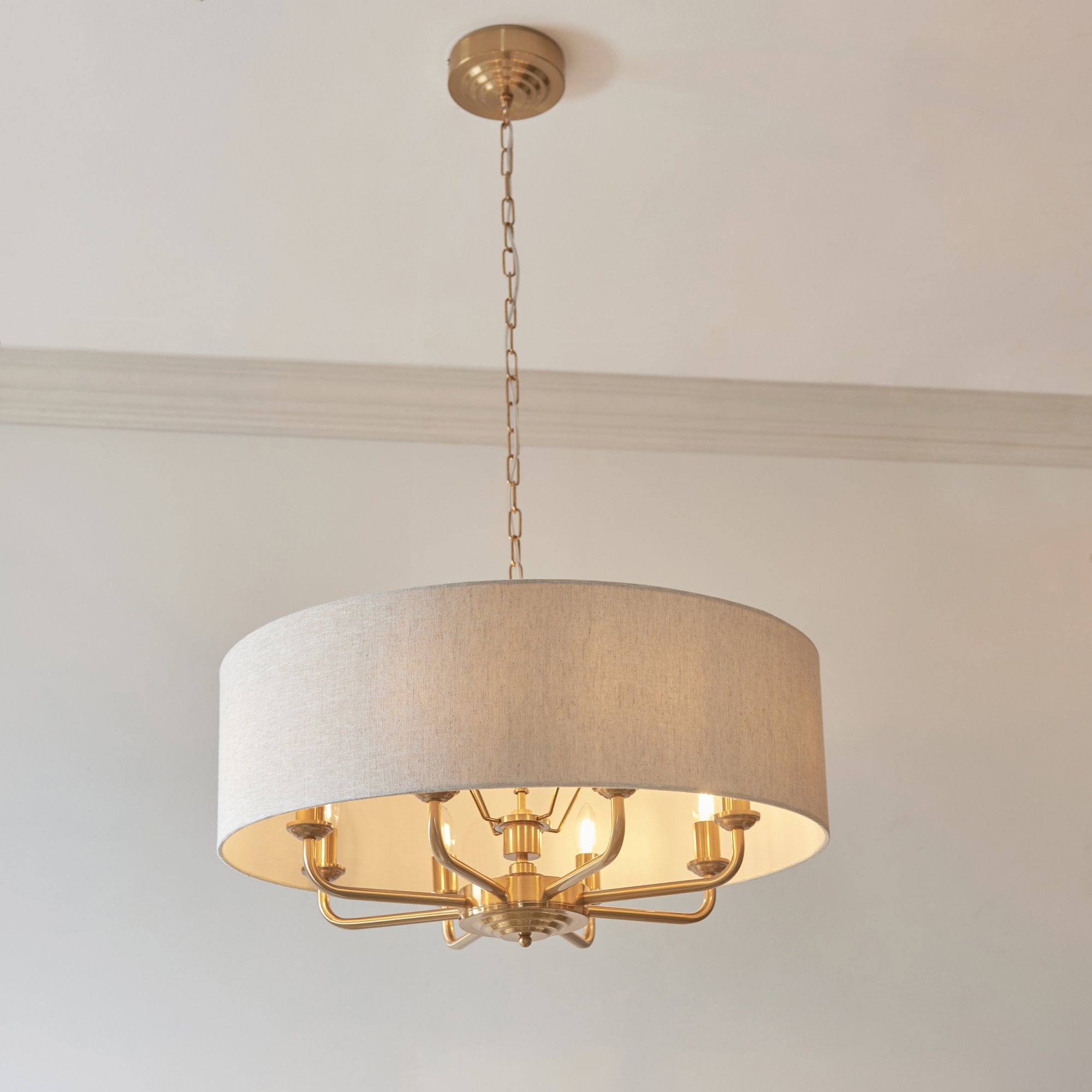 Endon Highclere 8 Light Pendant - Vintage Brass & Natural Linen