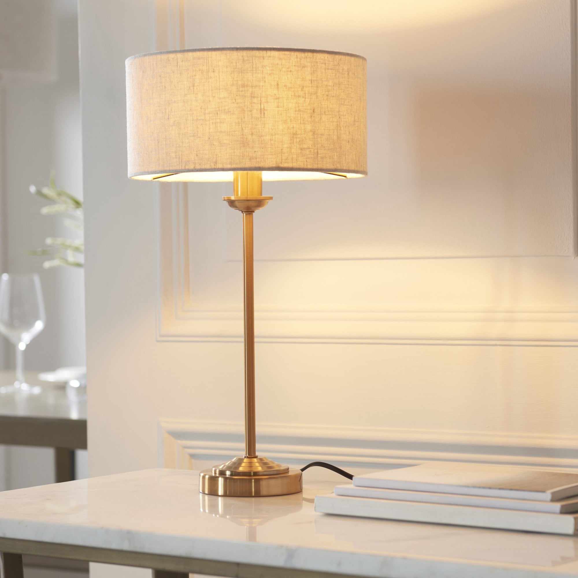 Endon Highclere Single Light Table Lamp - Vintage Brass & Natural Linen