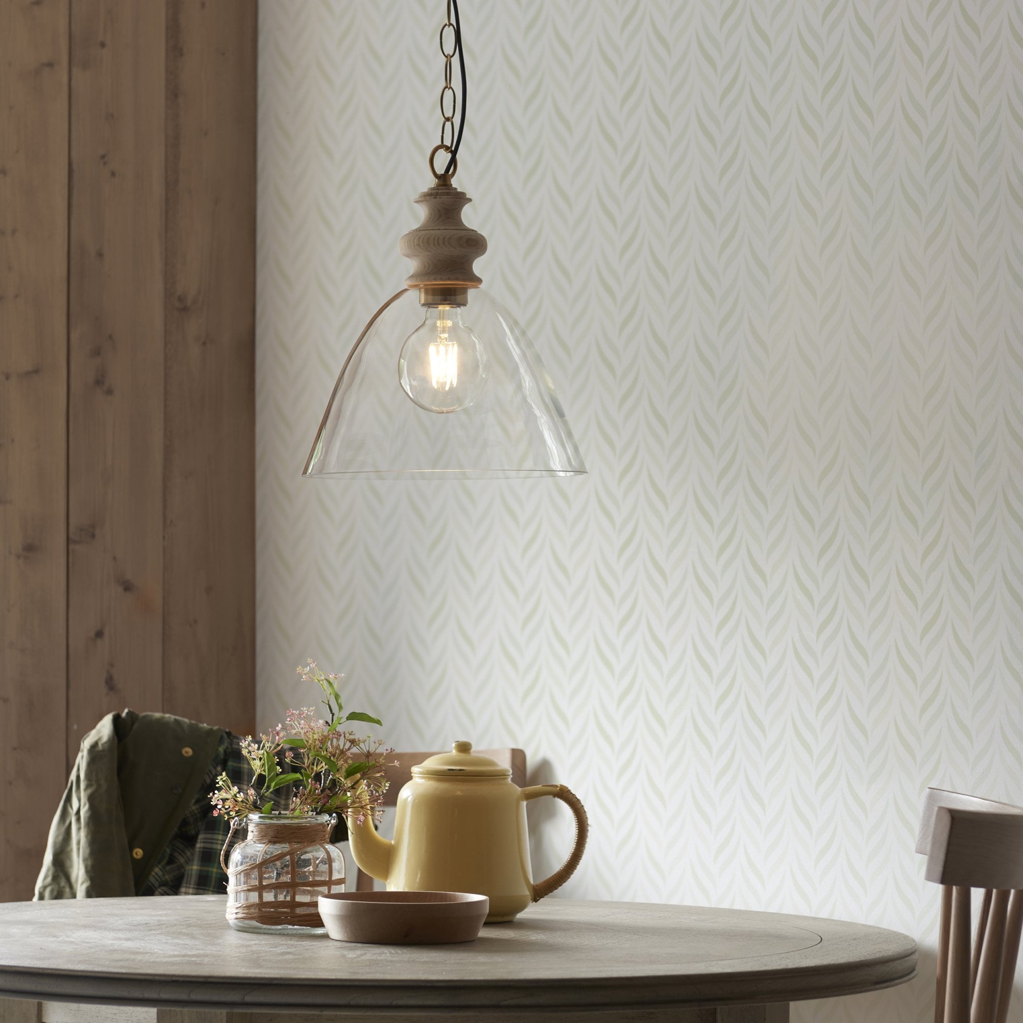 Endon Cotswold Single Light Pendant - Natural Ash, Brushed Aged Brass Plate & Clear Glass