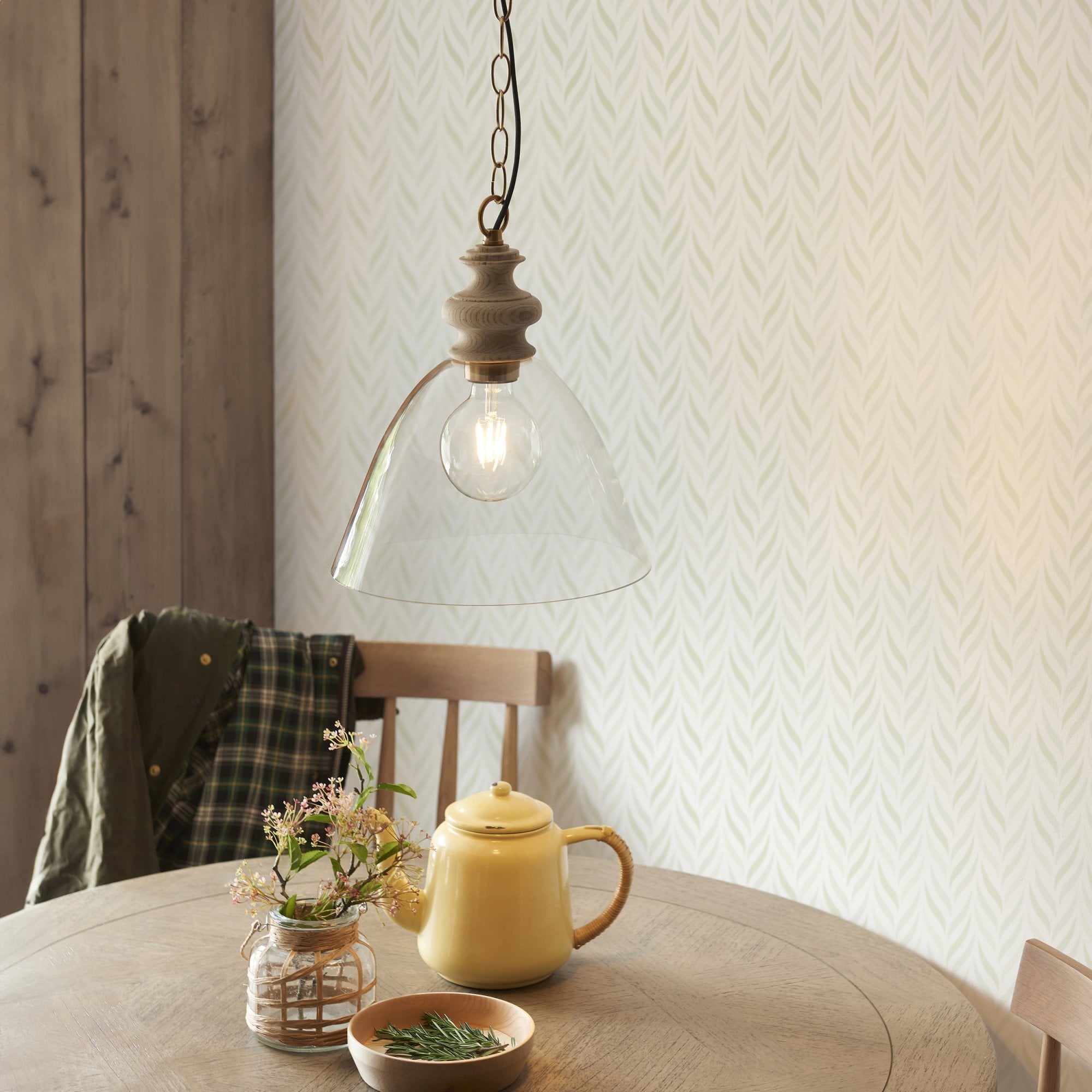 Endon Cotswold Single Light Pendant - Natural Ash, Brushed Aged Brass Plate & Clear Glass