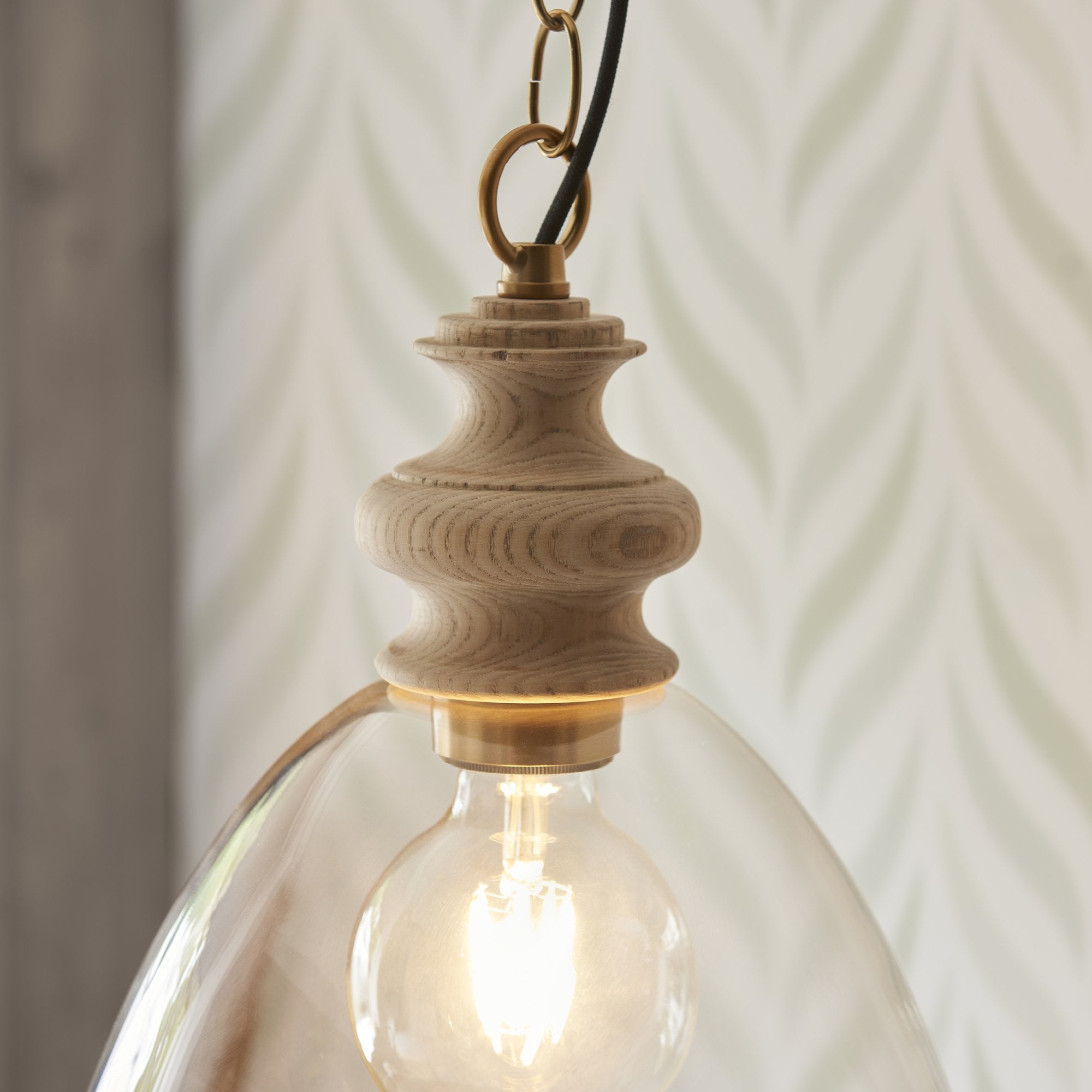Endon Cotswold Single Light Pendant - Natural Ash, Brushed Aged Brass Plate & Clear Glass