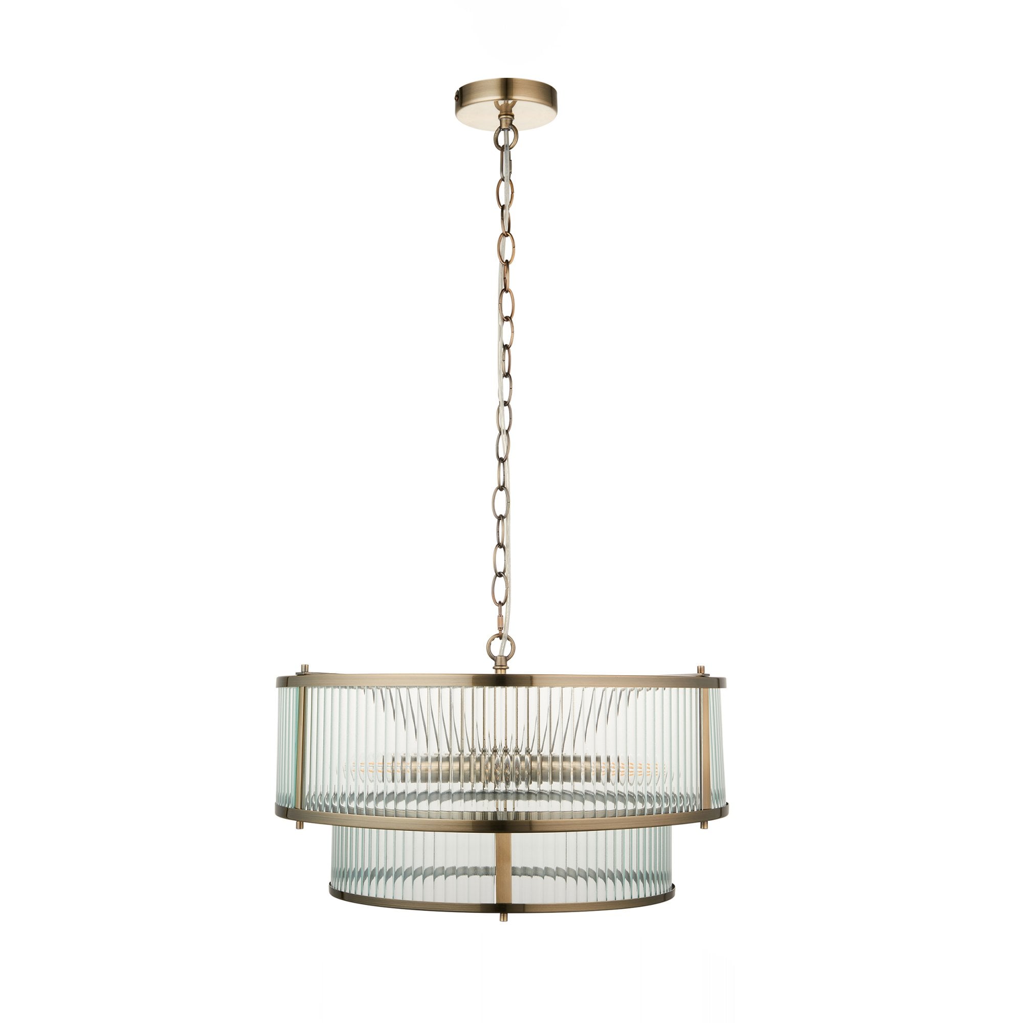 Endon Ridgeton 5 Light Pendant - Antique Brass Plate & Clear Ribbed Glass