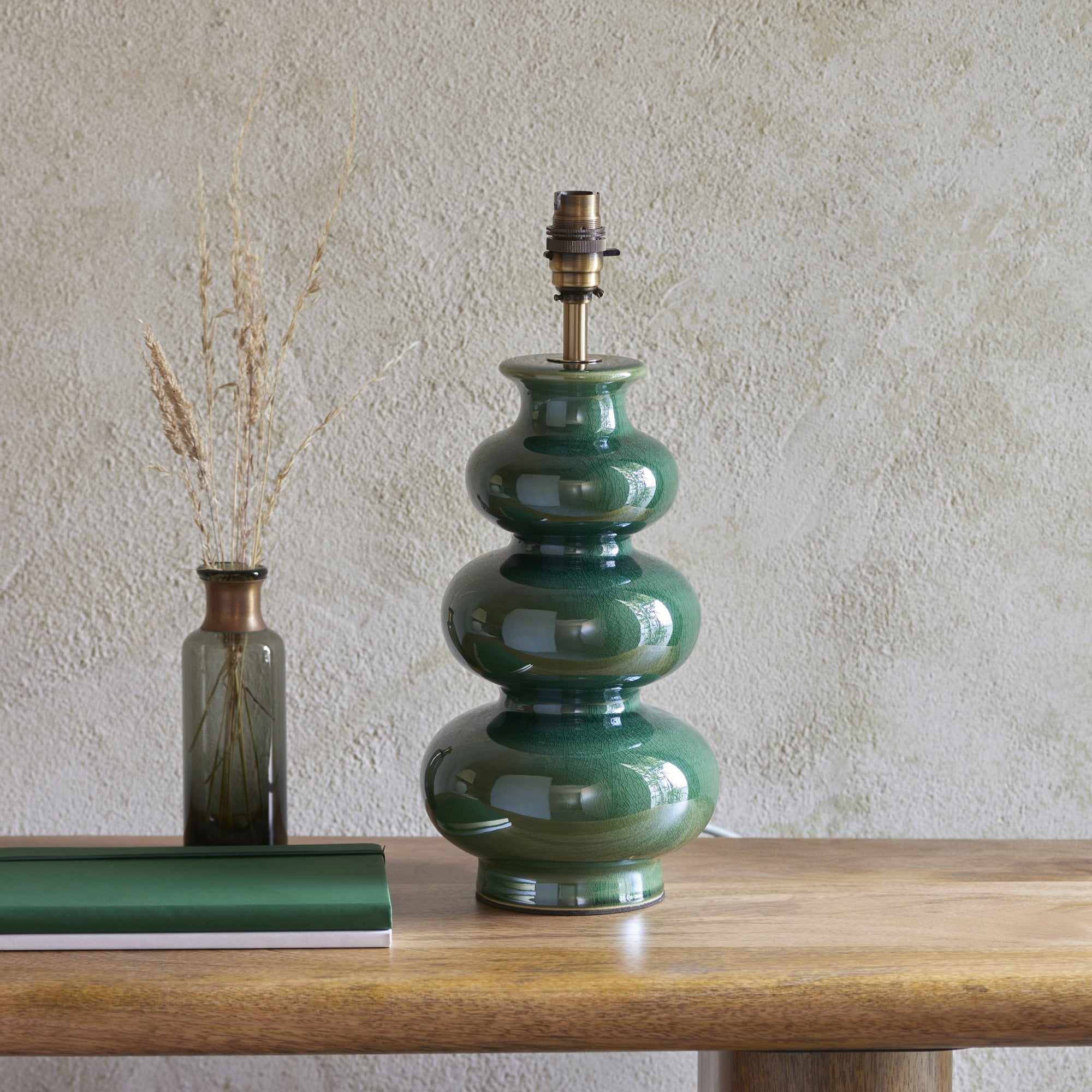 Endon Monroe Single Light Table Lamp - Gloss Green Reactive Glaze & Brushed Aged Brass Plate
