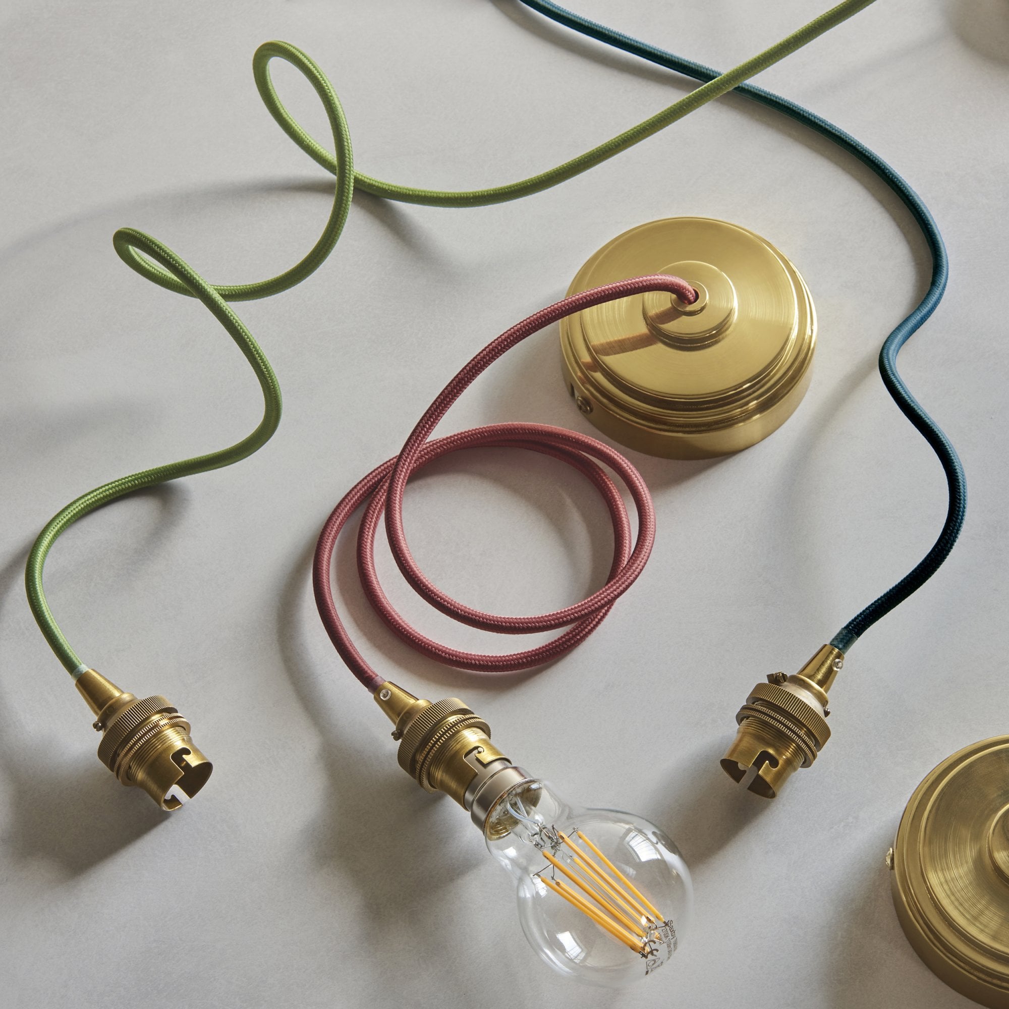 Endon Eltham Single Light Pendant - Brushed Aged Brass Plate & Blue Flex