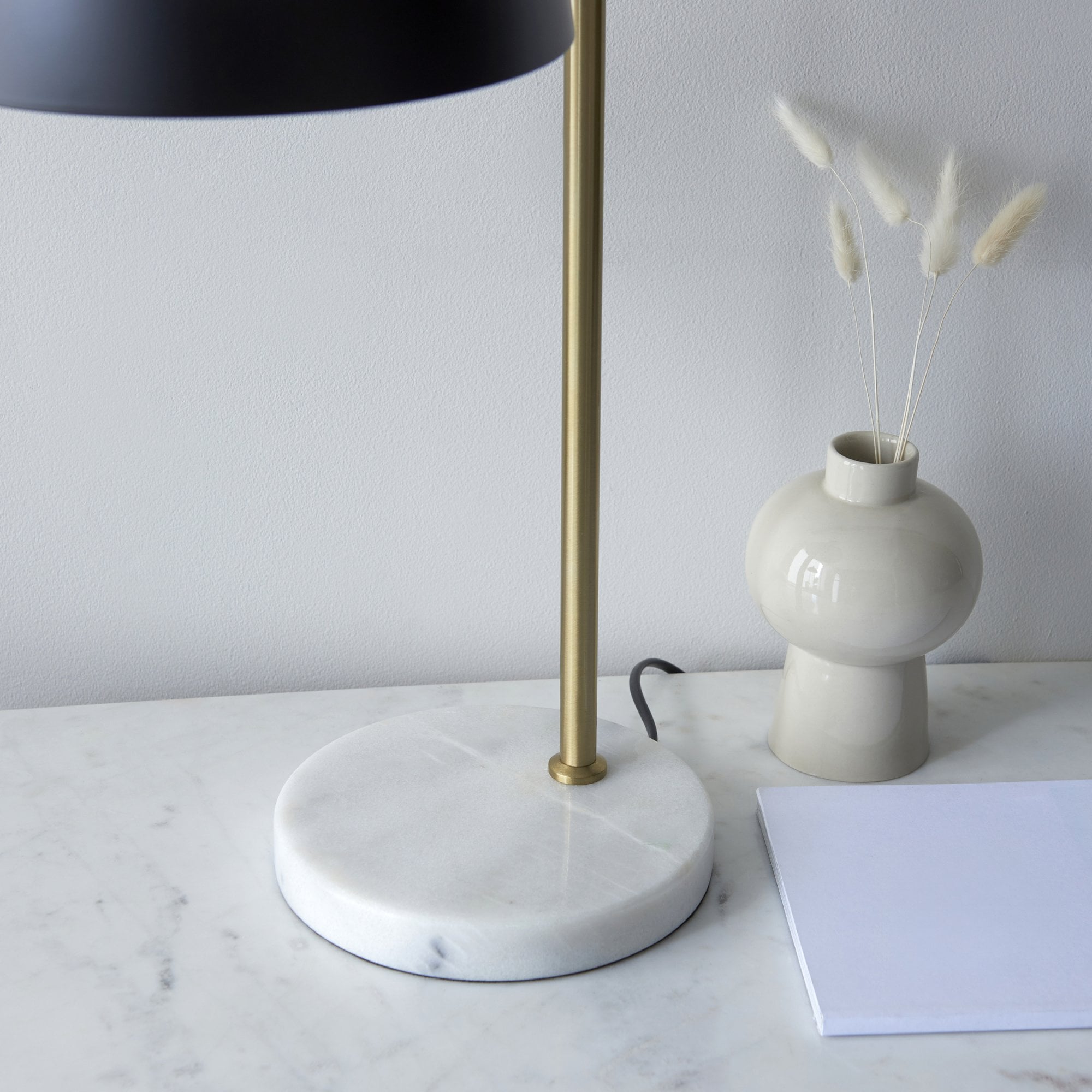 Endon Buchanan Single Light Table Lamp - Matt Black, Antique Brass Plate & Grey Marble