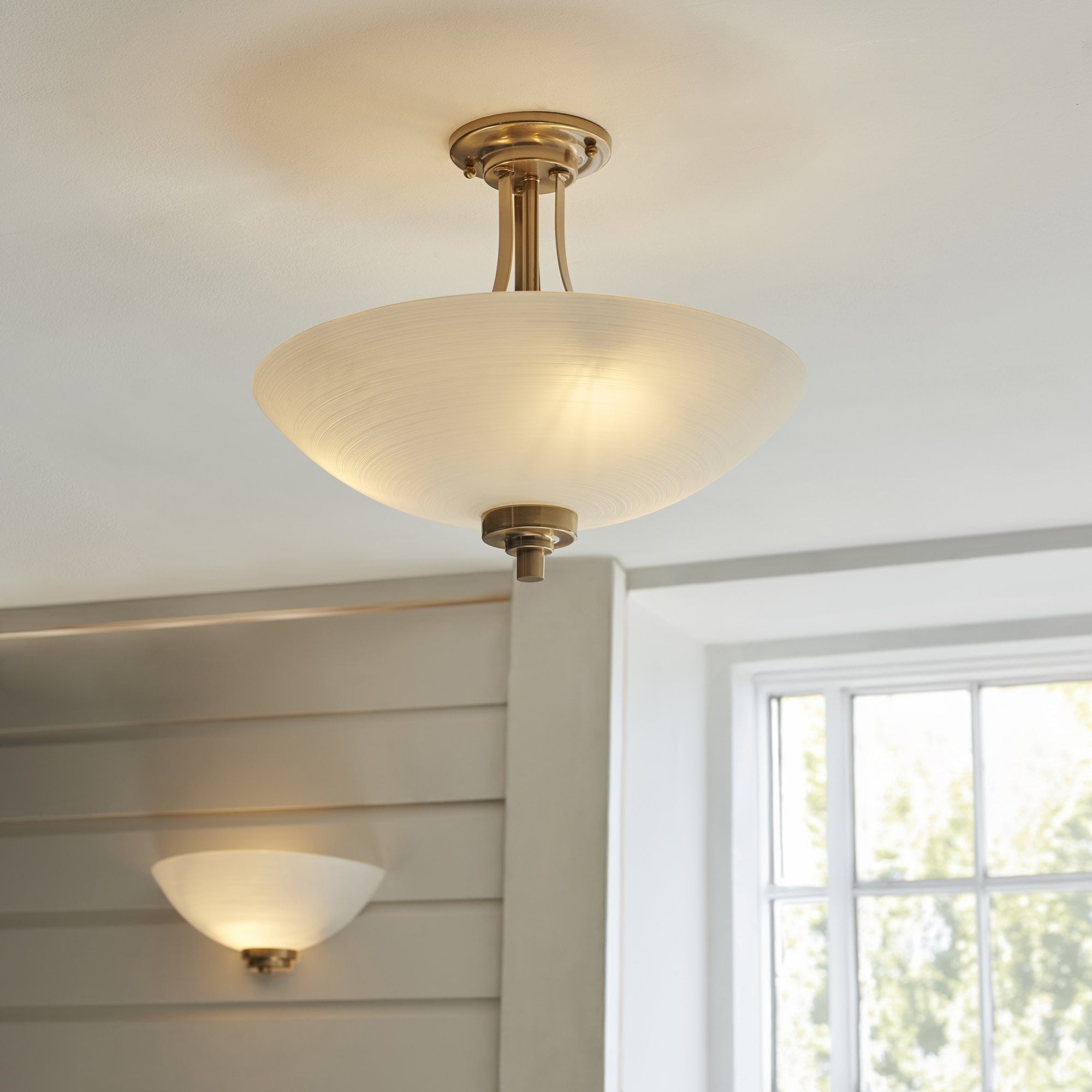 Endon Welles Single Light Wall - Brushed Aged Brass Plate & White Glass