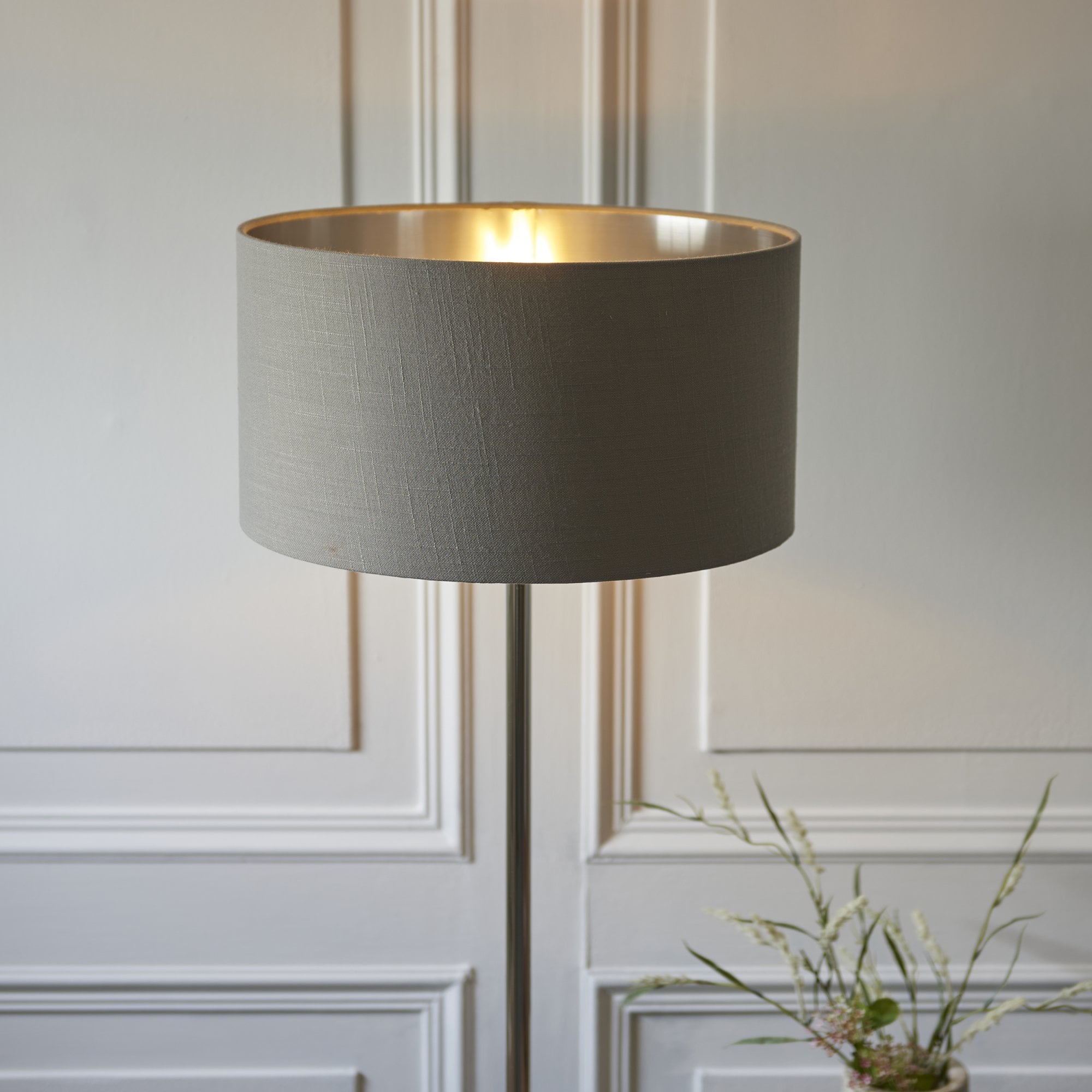 Endon Highclere Single Light Floor - Bright Nickel Plate & Charcoal Fabric