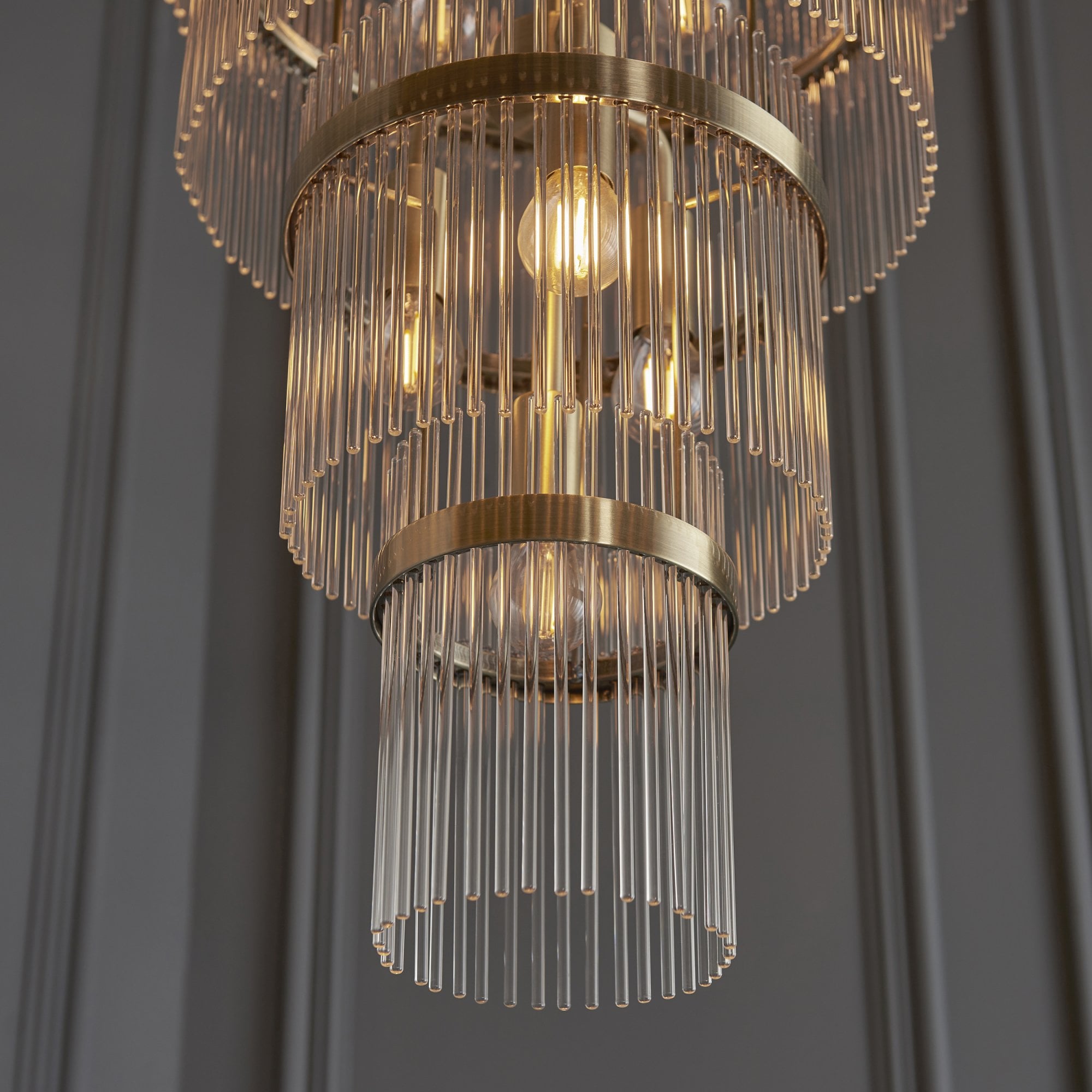 Endon Marietta Grand 21 Light Tiered Pendant - Antique Brass Plate & Clear Glass