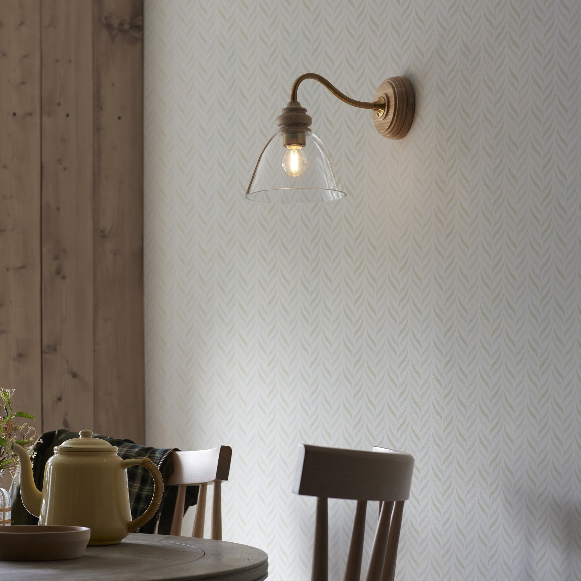Endon Cotswold Single Light Wall - Natural Ash, Brushed Aged Brass Plate & Clear Glass