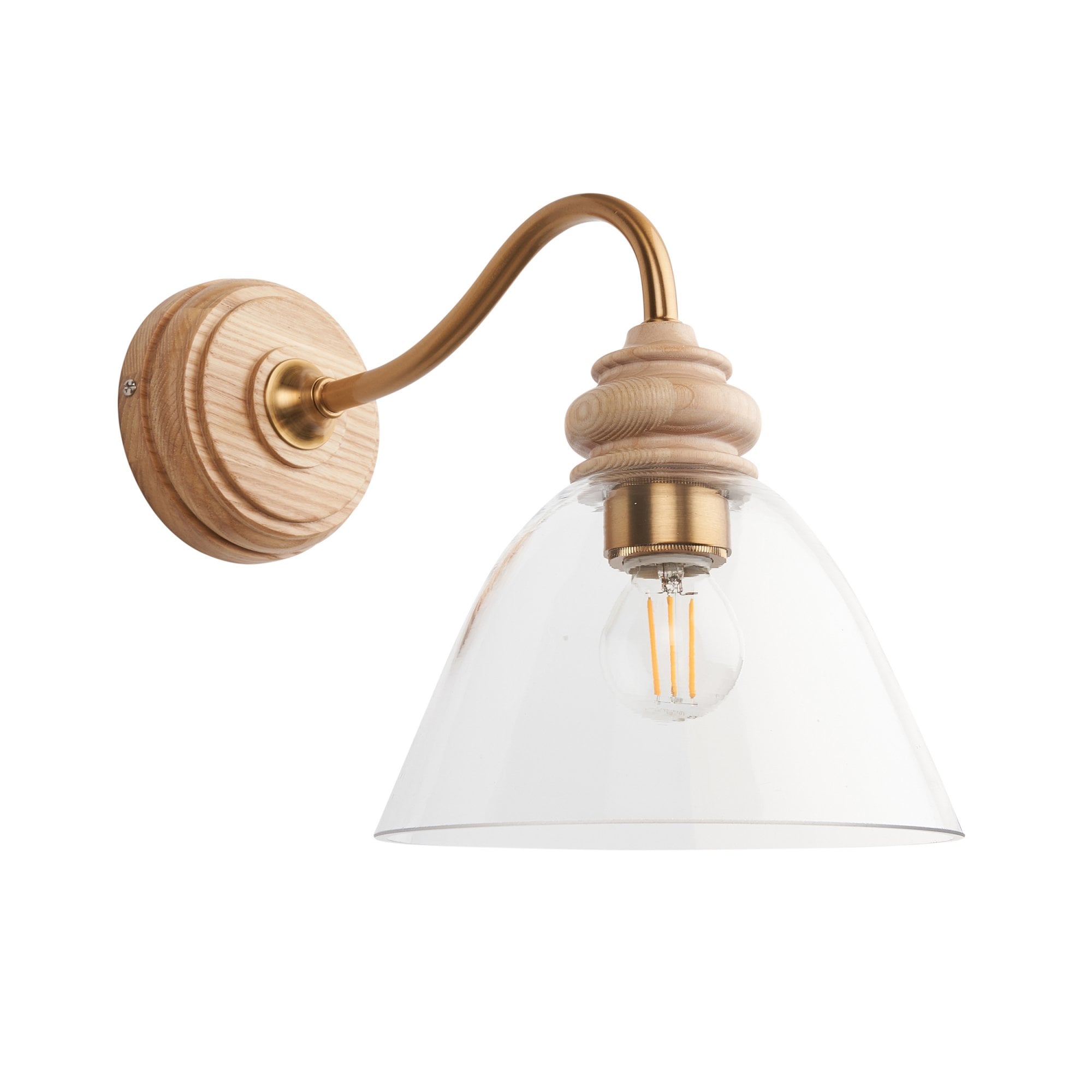 Endon Cotswold Single Light Wall - Natural Ash, Brushed Aged Brass Plate & Clear Glass