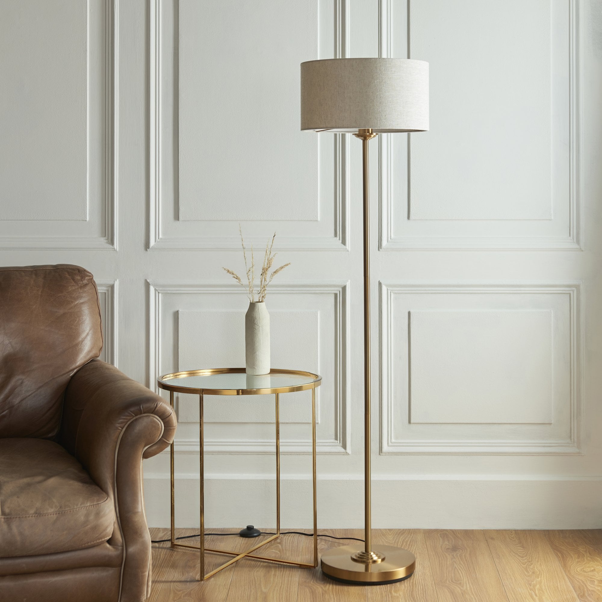Endon Highclere Single Light Floor - Vintage Brass & Natural Linen