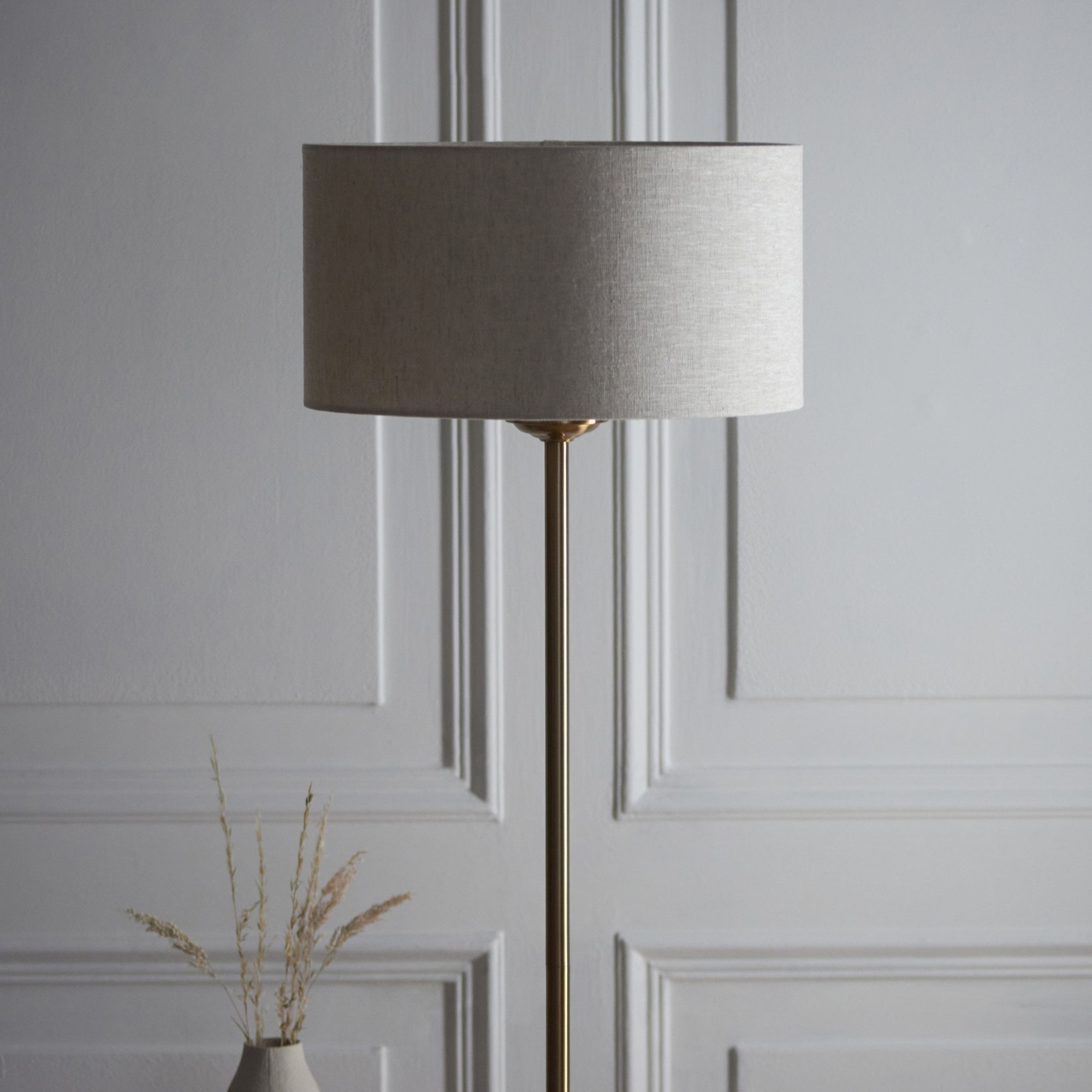 Endon Highclere Single Light Floor - Vintage Brass & Natural Linen