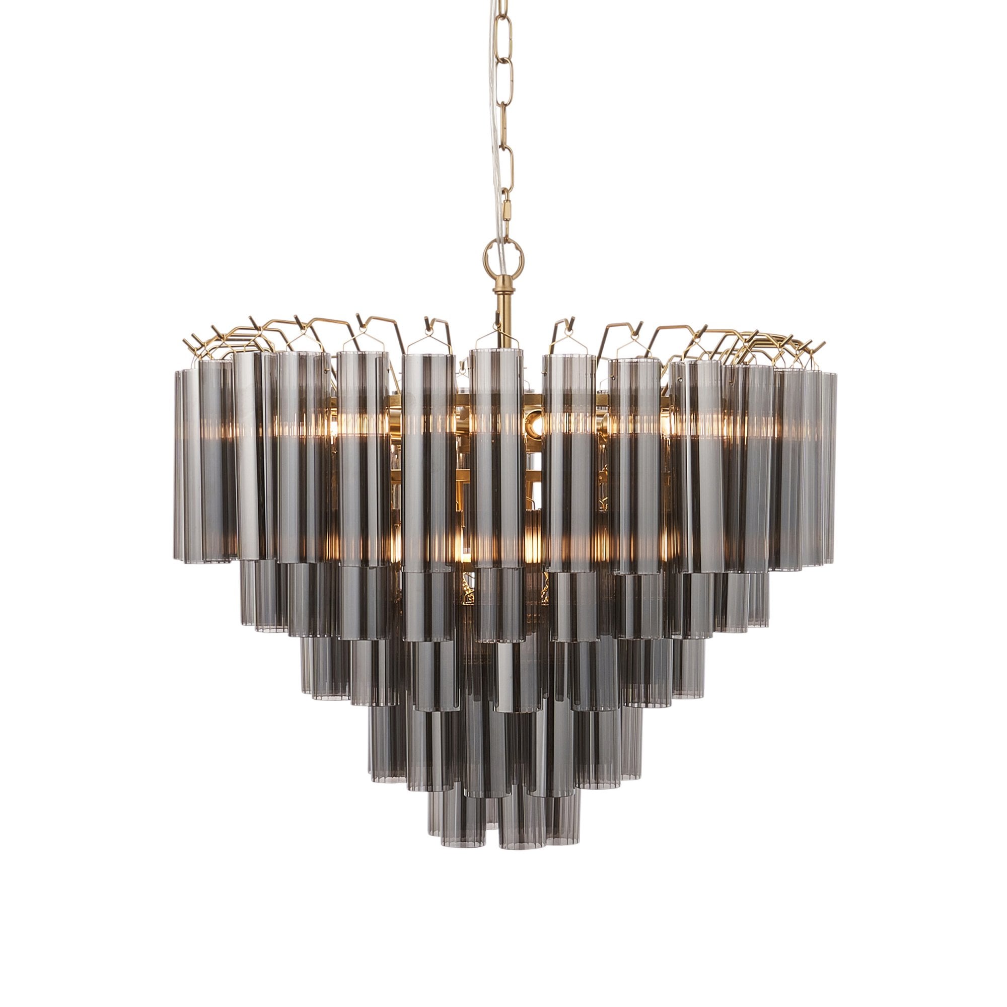 Endon Toulouse 12 Light Pendant - Satin Brass Plate & Smokey Grey Lustre Glass