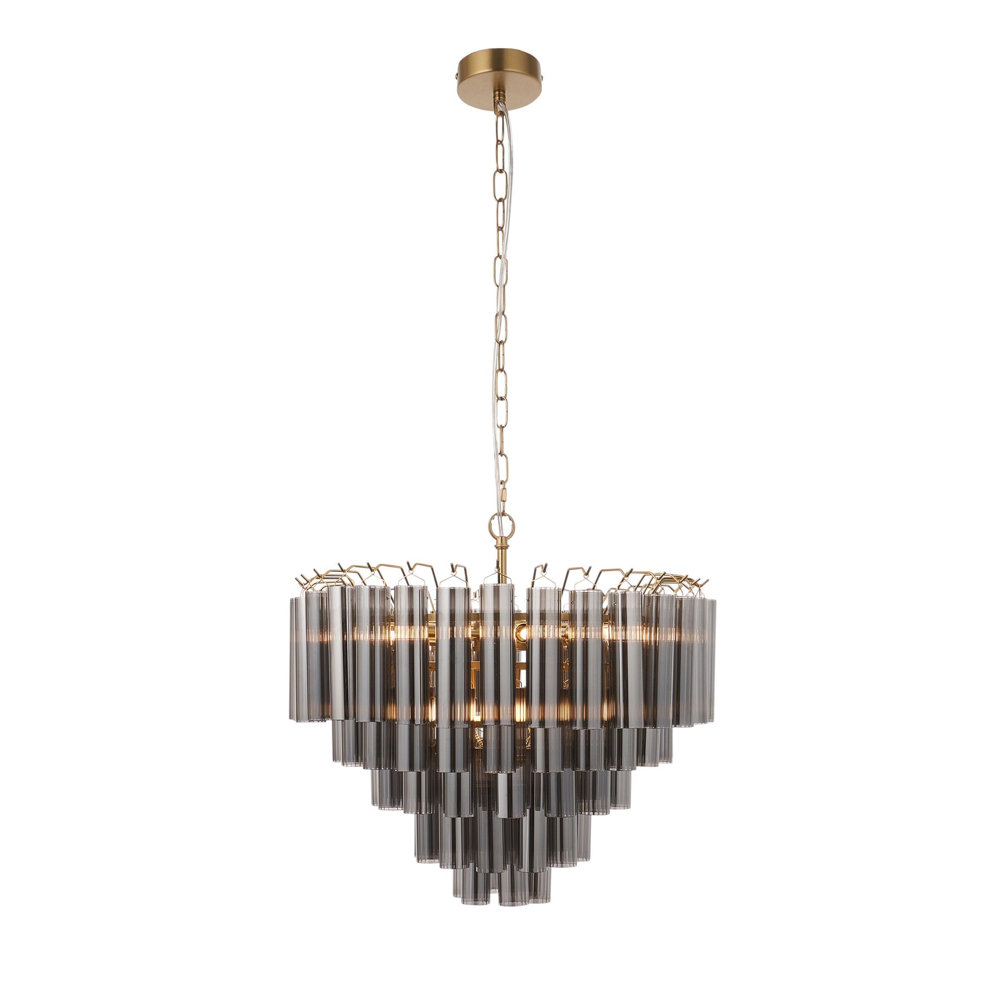 Endon Toulouse 12 Light Pendant - Satin Brass Plate & Smokey Grey Lustre Glass