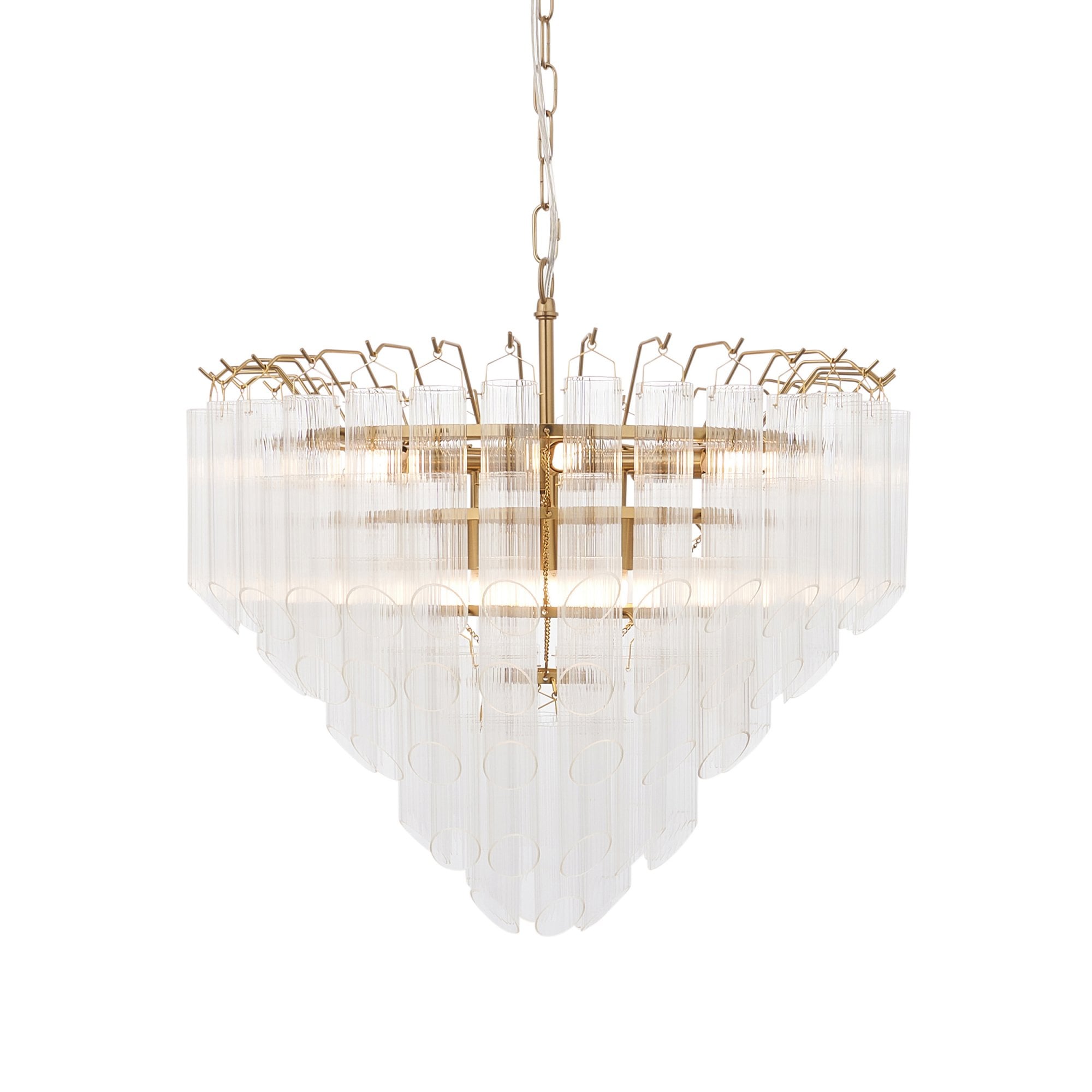Endon Toulouse 12 Light Pendant - Satin Brass Plate & Clear Ribbed Glass - Angled Edge