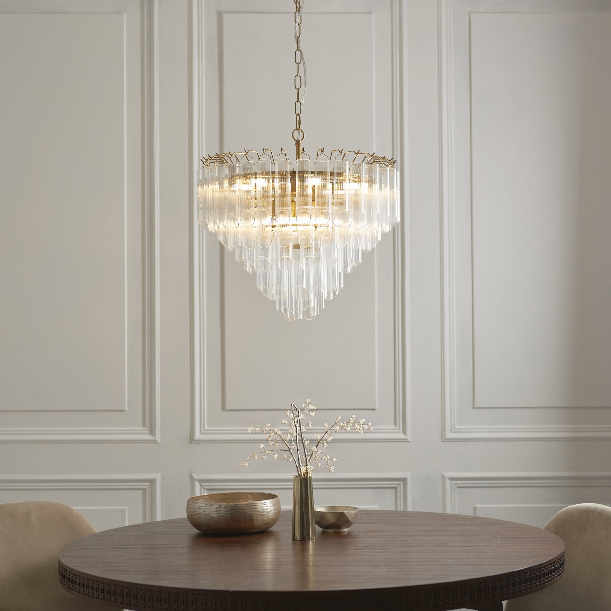 Endon Toulouse 12 Light Pendant - Satin Brass Plate & Clear Ribbed Glass - Angled Edge