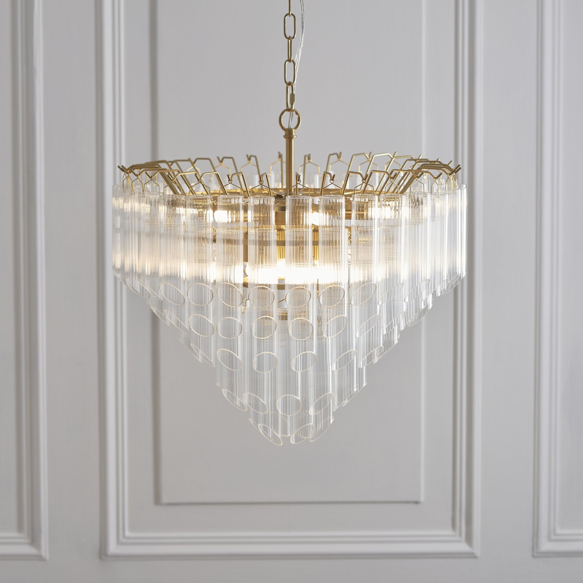 Endon Toulouse 12 Light Pendant - Satin Brass Plate & Clear Ribbed Glass - Angled Edge