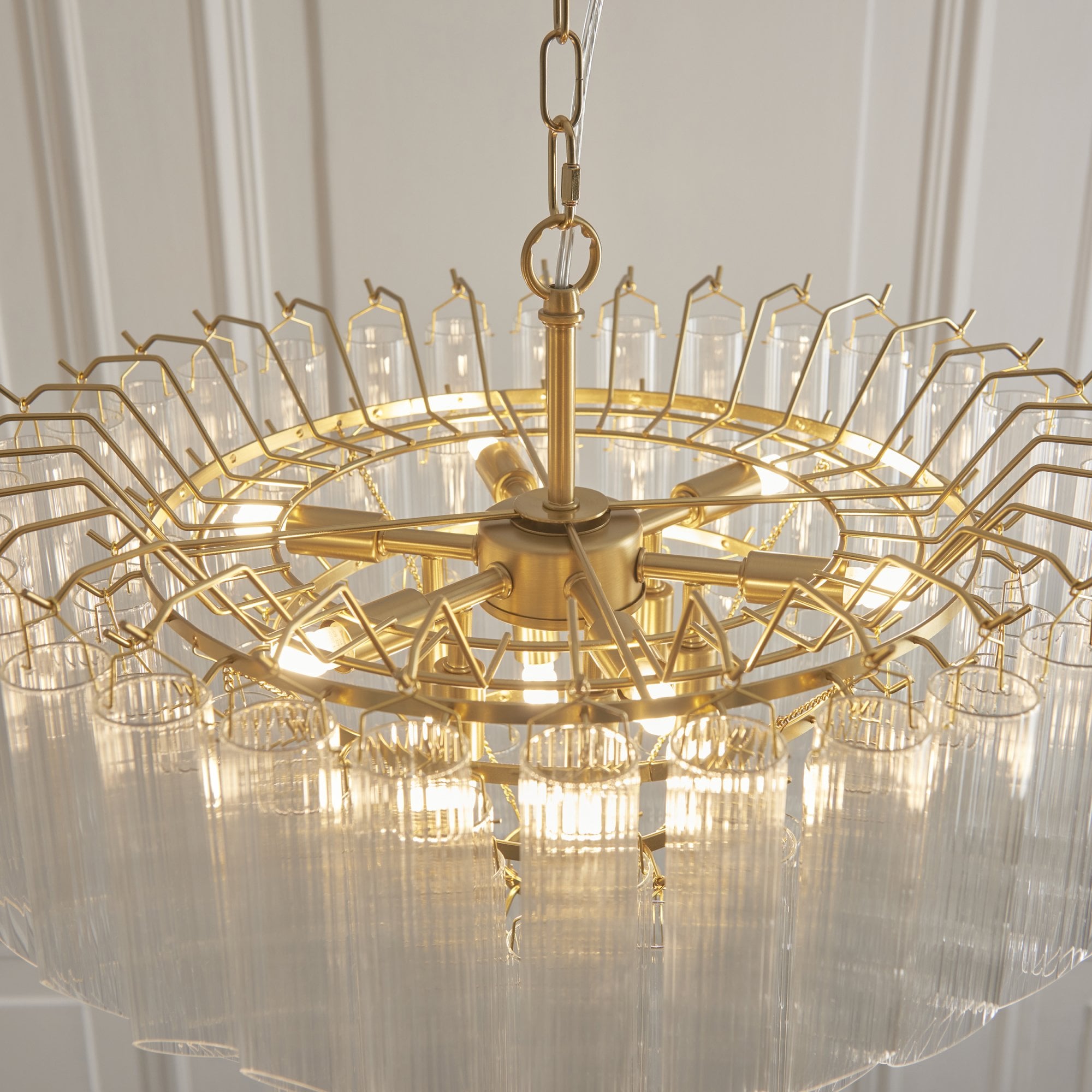 Endon Toulouse 12 Light Pendant - Satin Brass Plate & Clear Ribbed Glass - Angled Edge
