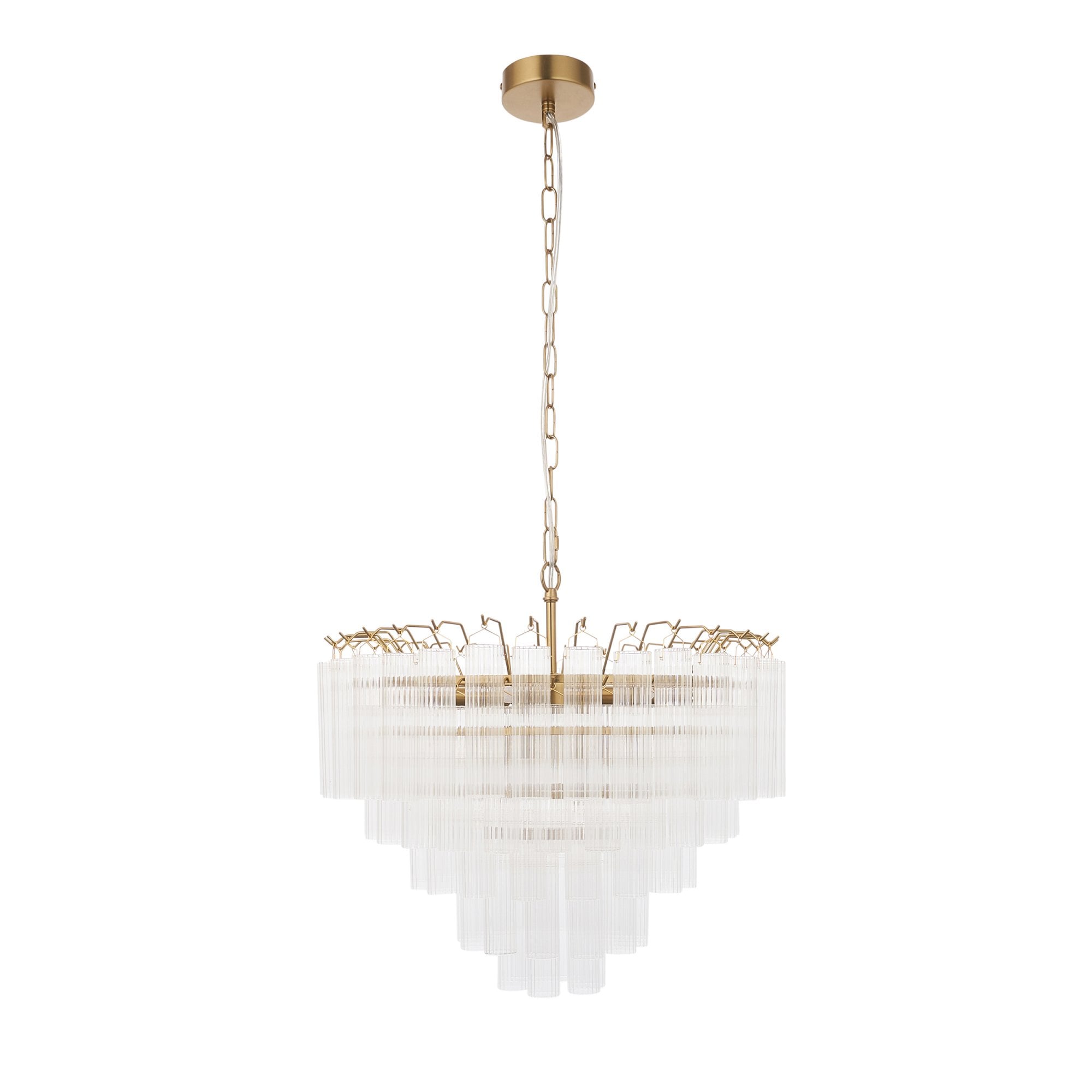 Endon Toulouse 12 Light Pendant - Satin Brass Plate & Clear Ribbed Glass - Flat Edge